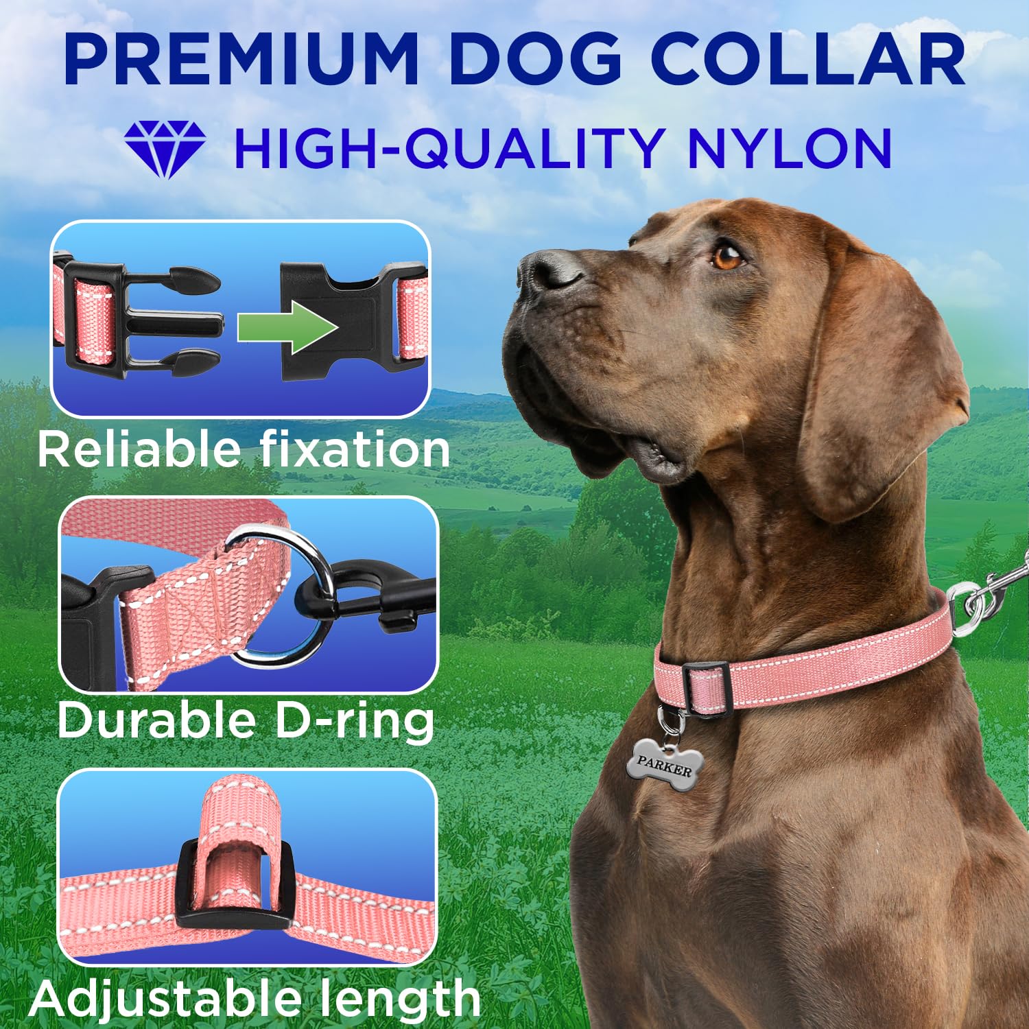 Teceum Reflective Dog Collar - Pink - L - Basic Nylon Pet Collar - Quick Release Buckle - Fits Small, Medium And Large Dogs, Pup