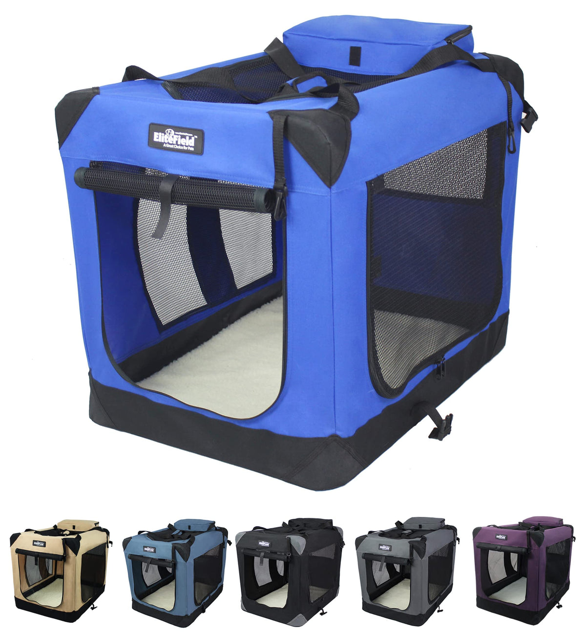 Elitefield 3-Door Folding Soft Dog Crate With Carrying Bag And Fleece Bed (2 Year Warranty), Indoor & Outdoor Pet Home (36' L X 24' W X 28' H, Royal Blue)