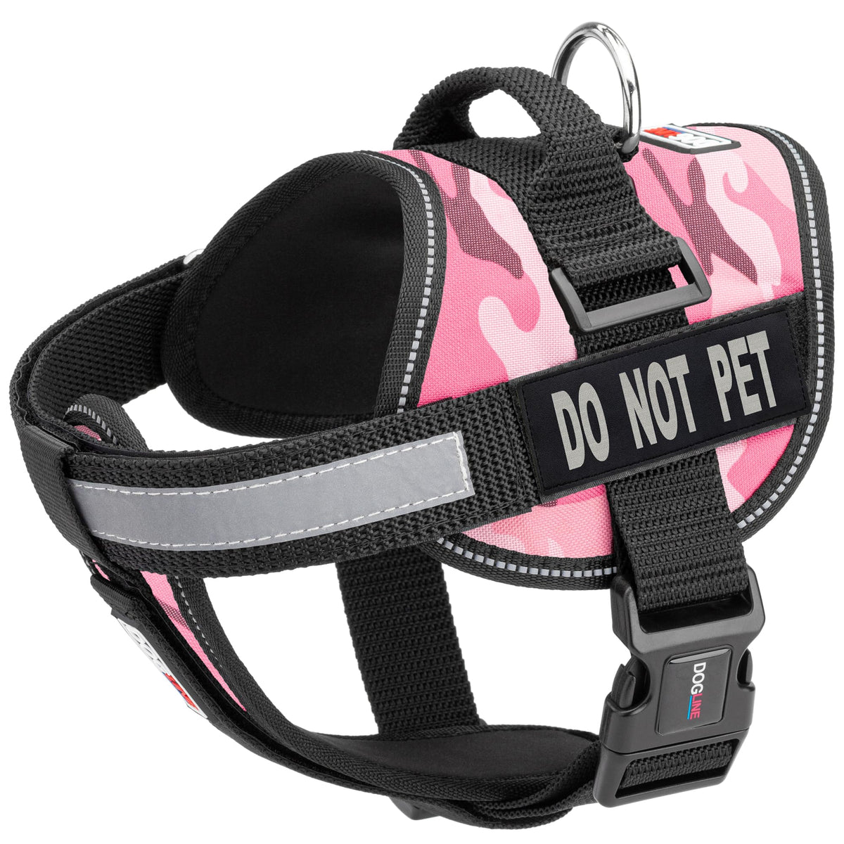 Dogline Unimax Multi-Purpose Pink Camo Vest Harness For Dogs And Removable Do Not Pet Patches Patches