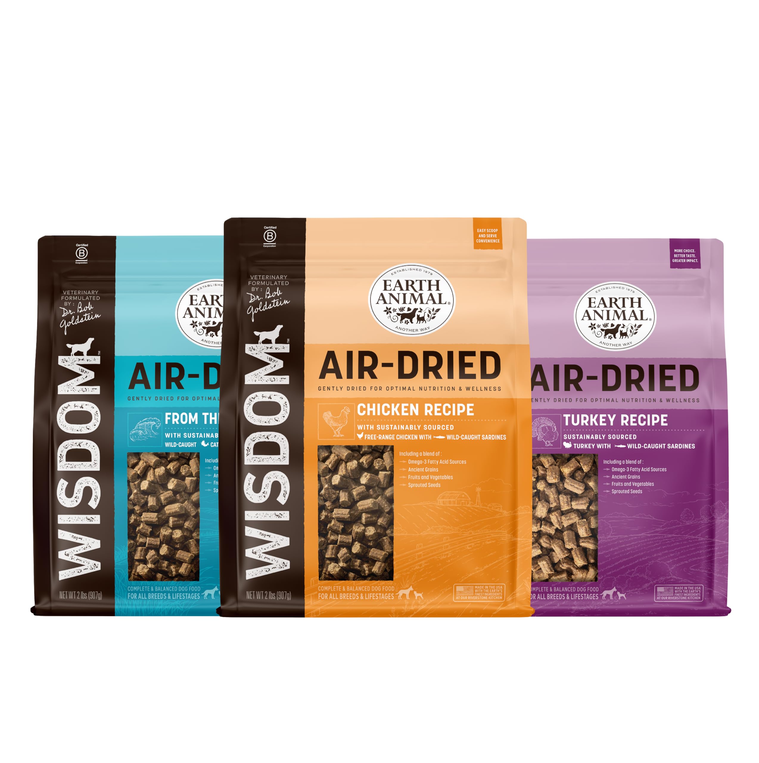 Earth Animal Wisdom Air Dried Dog Food - Chicken, Turkey & from The Sea Variety Pack Premium Natural Dry Dog Food for All Breeds