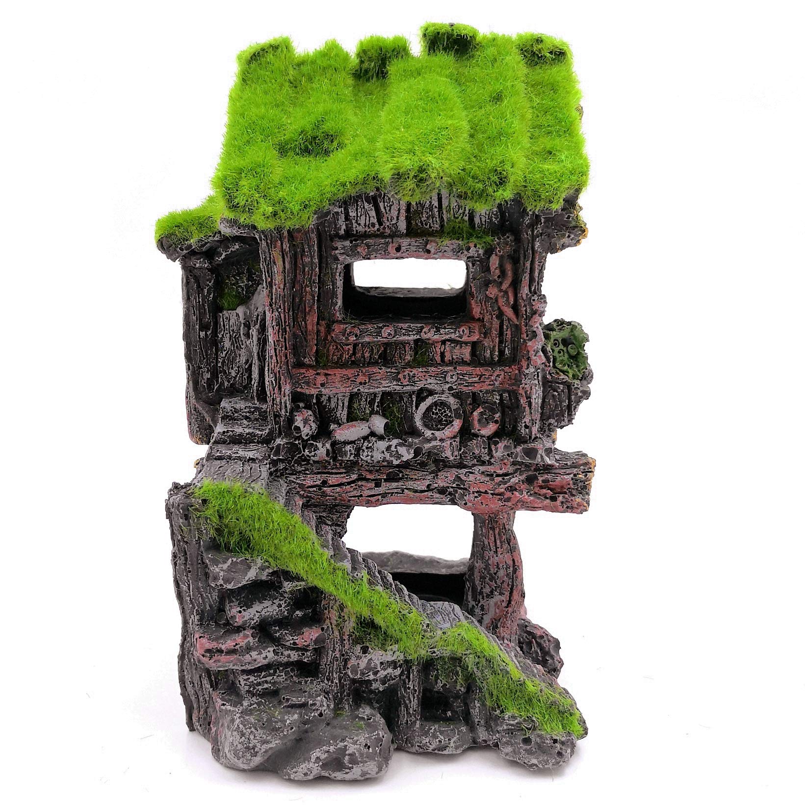 M2Cbridge Aquarium Decorations Fish Hideout House Betta Cave With Green Lifelike Moss (Style 4)