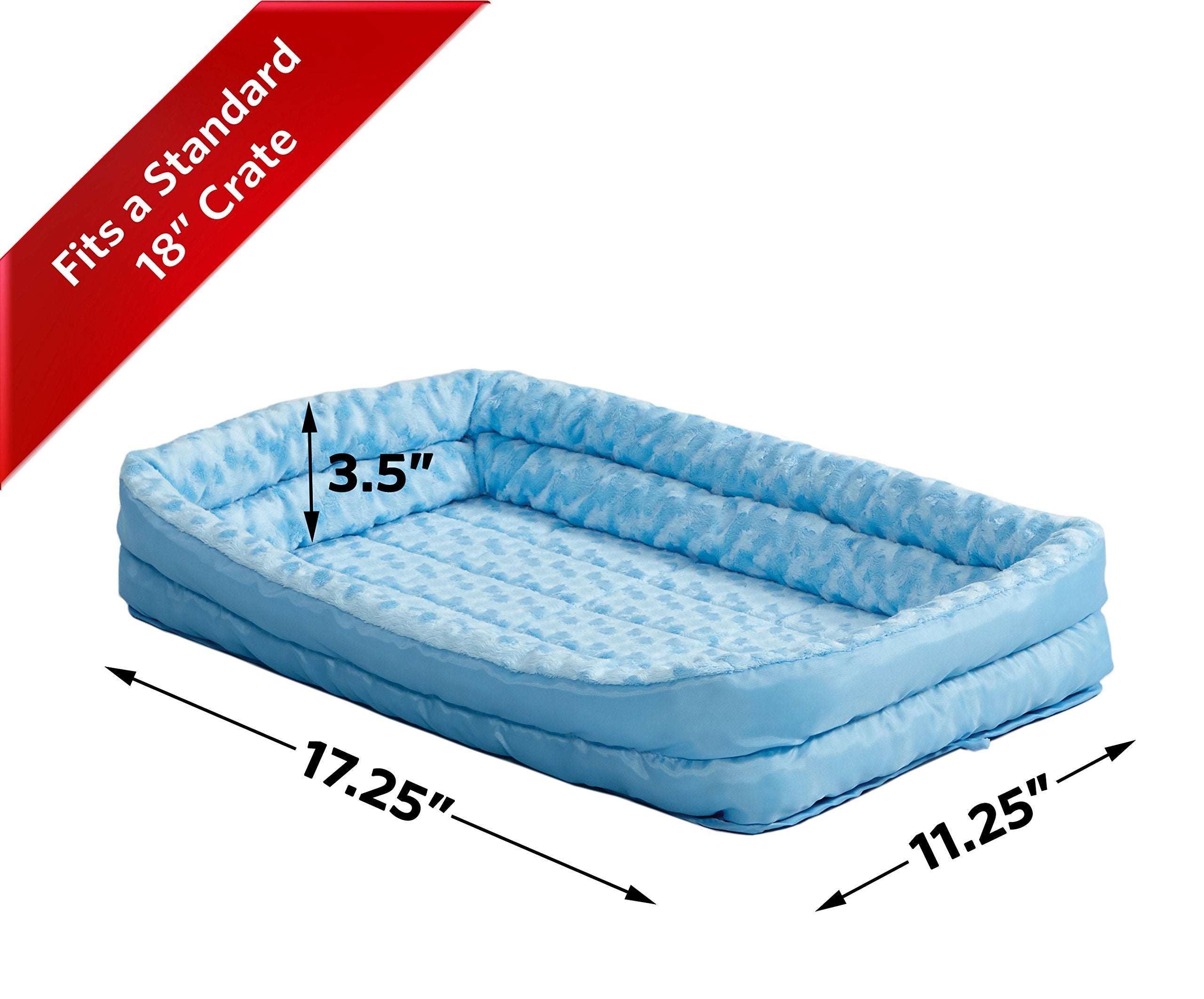 MidWest Homes for Pets XXS QuietTime Double Bolster Pet Bed, Blue Plush 18-Inch Crate Mat with Stacked Bolsters, Machine Washabl