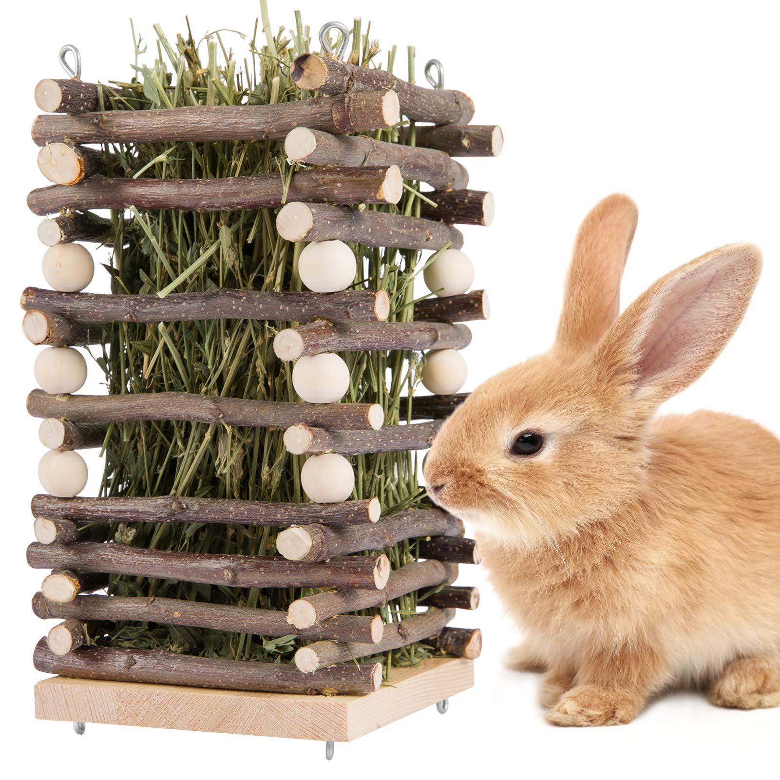 Hanging Apple Wood Rabbit Hay Feeder - Guinea Pig Grass Holder with 2 Hooks Biting Resistant Small Animals Chew Toy, Feeding Hay