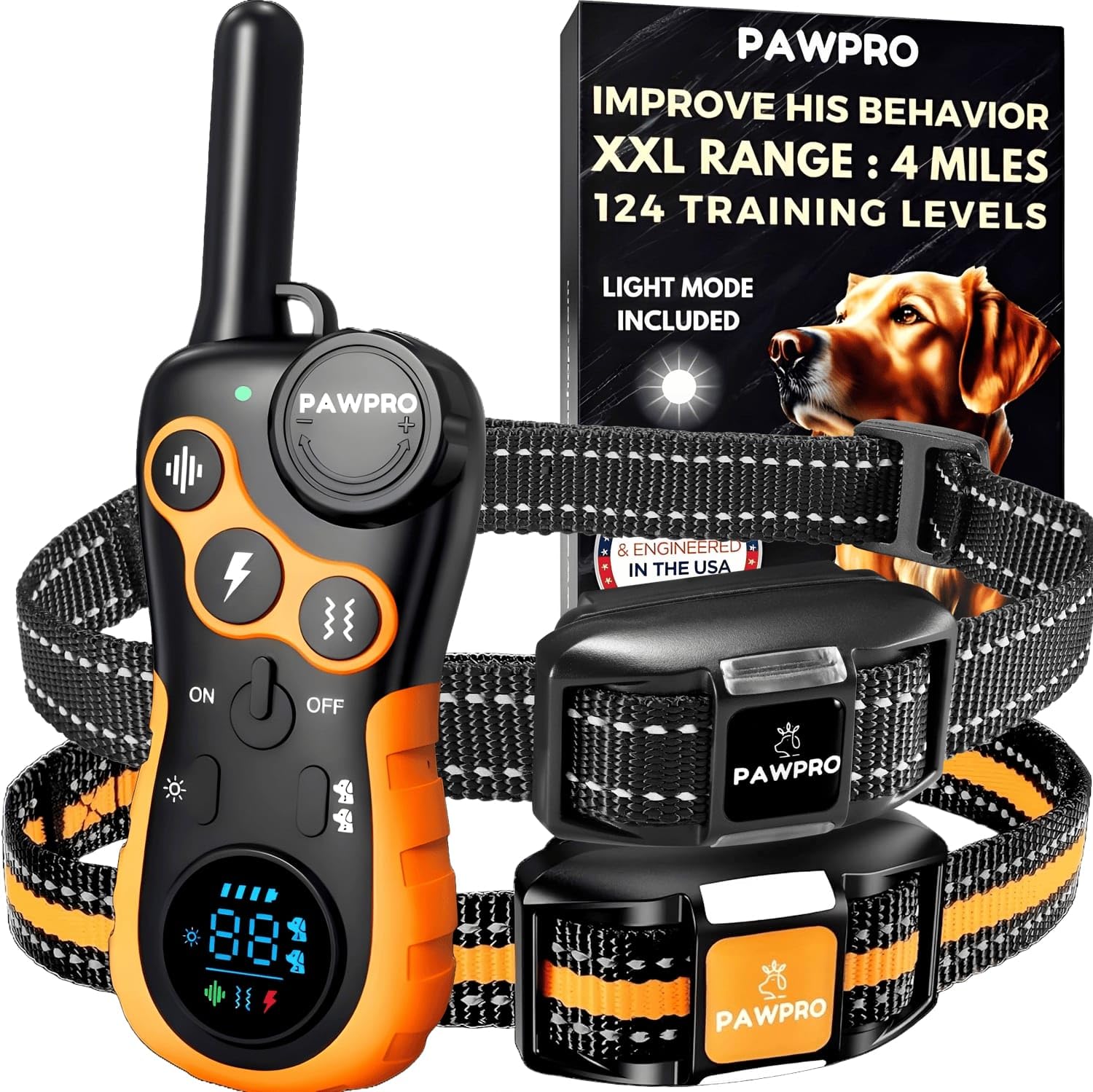 Dog Shock Collar With Remote, Unmatched 4-Mile Range, Night-Light Mode, Training Guide Included, 124 Training Levels & 4 Modes, 