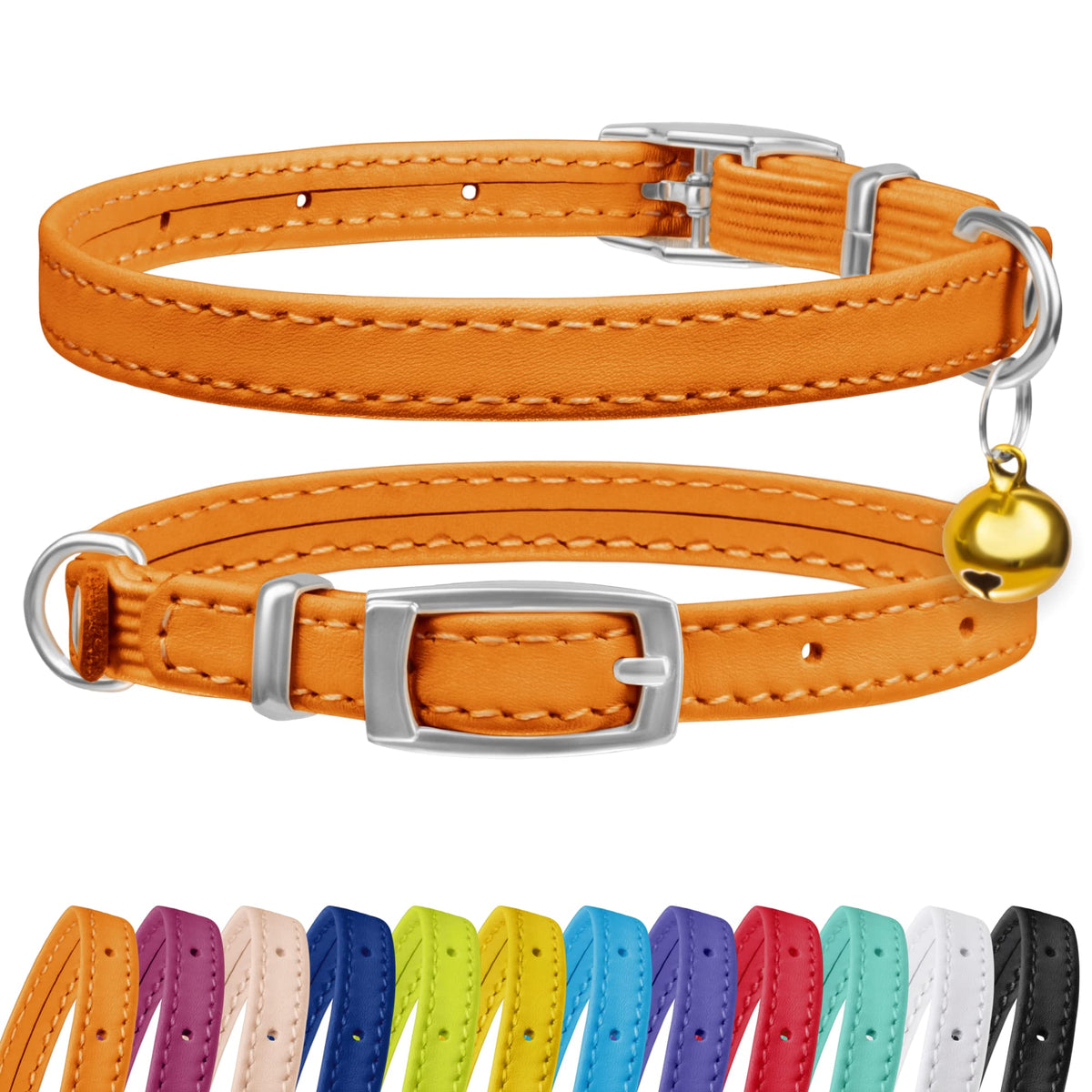 Collardirect Leather Cat Collar With Bell - Kitten Collar, Small And Big Cat Collar For Boy Cats, Girl Cats With Safety Elastic Strap (Neck Fit 6'-7', Orange)