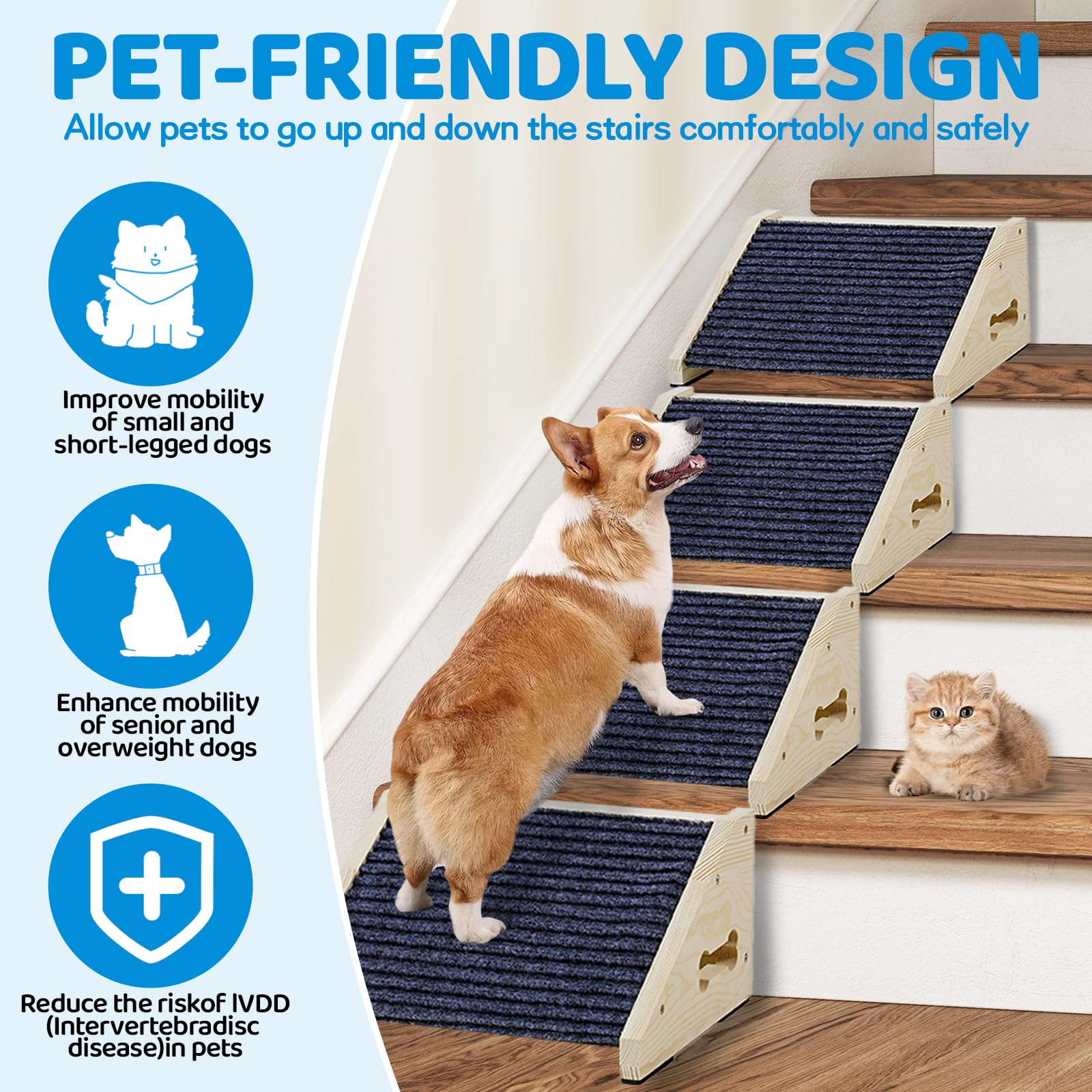 Dog Ramps For Stairs, Wooden Pet Ramp Stairs For Small Medium Large Dogs, Non-Slip Dog Pet Steps For Any Staircase, Stair Ramp F