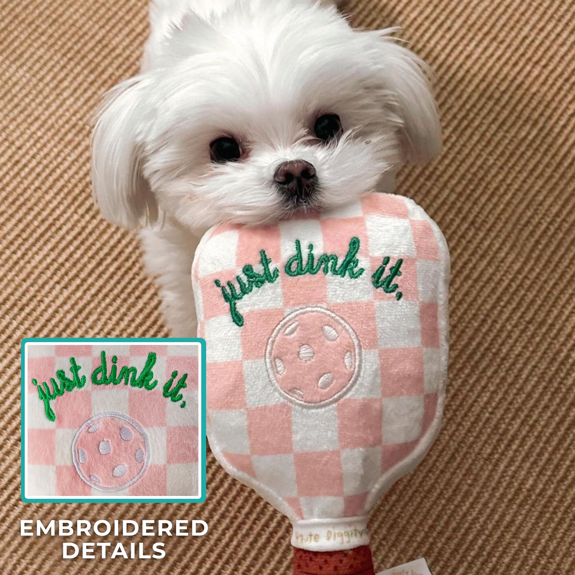 Haute Diggity Dog Pink Checker Pickleball Paddle, Plush Trendy Sporty Dog Toys With Interactive Squeaker, Stimulating Pet Enrich
