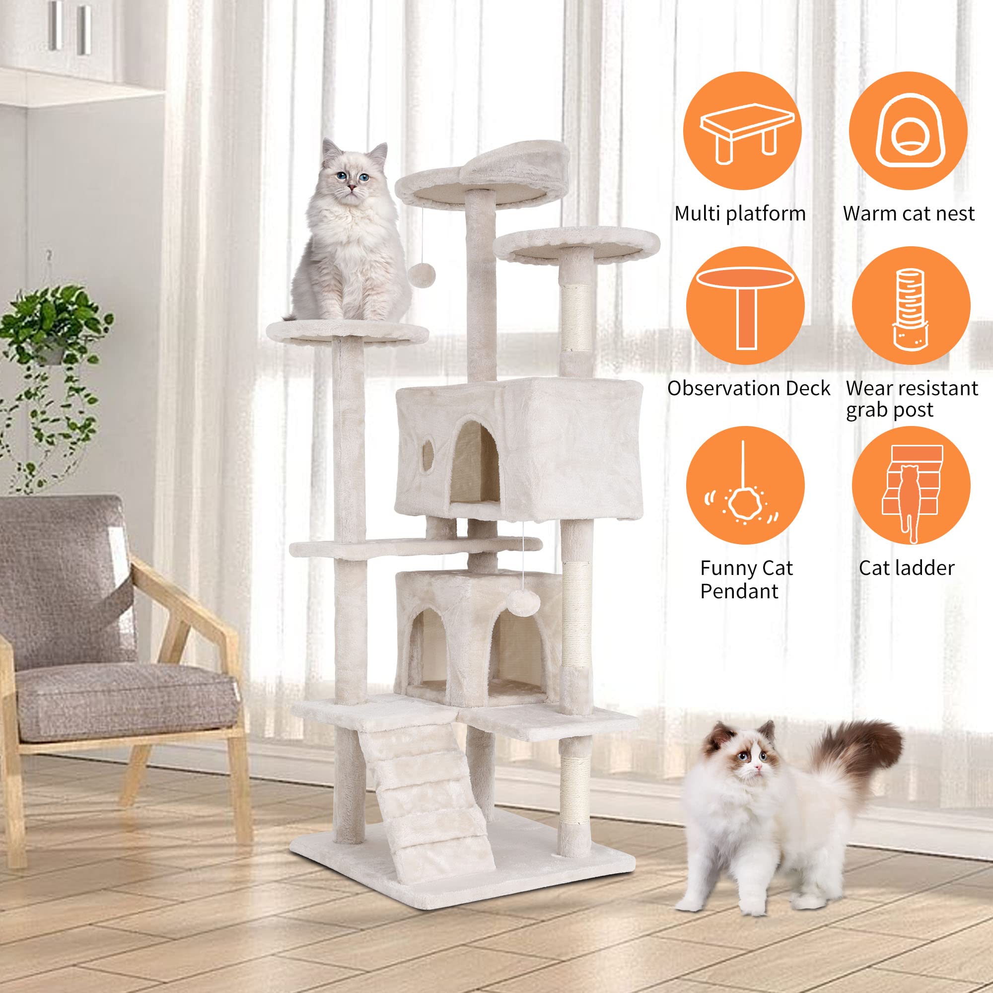 Bestpet 54In Multi-Level Cat Tree Tower Furniture Activity Center With Scratching Posts, Toys And Condo For Indoor Kittens, Beig