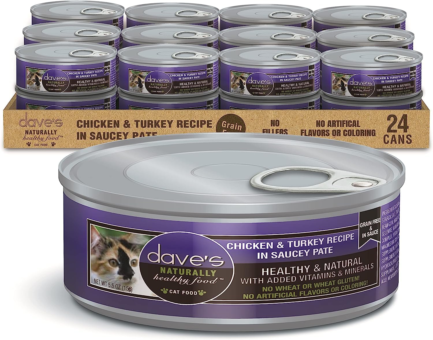 Daves Pet Food Grain Free Wet Cat Food (Chicken & Turkey Saucey Pate), Naturally Healthy Canned Cat Food, Added Vitamins & Mine