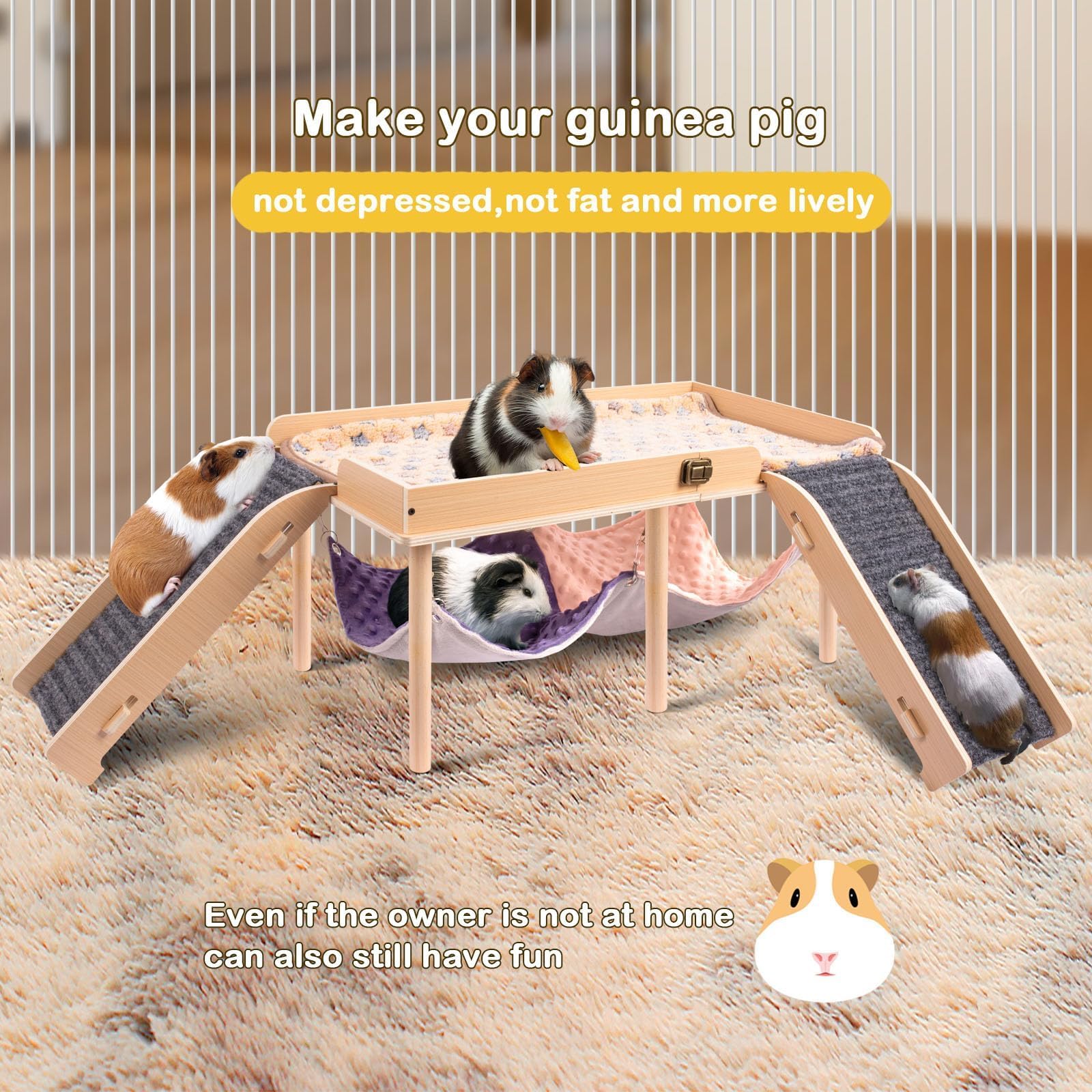 Besnew Enlarged Guinea Pig Hammock With Platform And Stairs,Wooden Foldable Piggies Hideout For Guinea Pigs Bunny Ferret Hamster