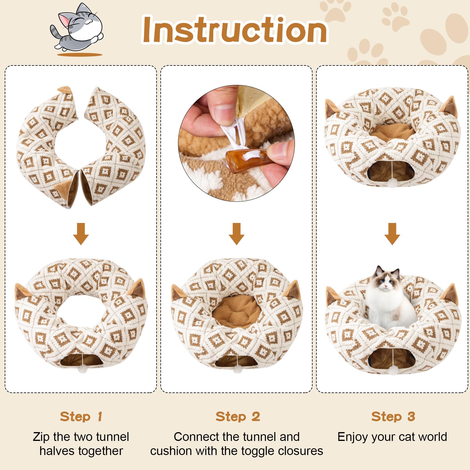 Cat Tunnel Bed For Indoor Cats, Cat Donut Tunnel With Washable Cushion, Peekaboo Cat Cave Toy, Multifunctional Playground Toys F