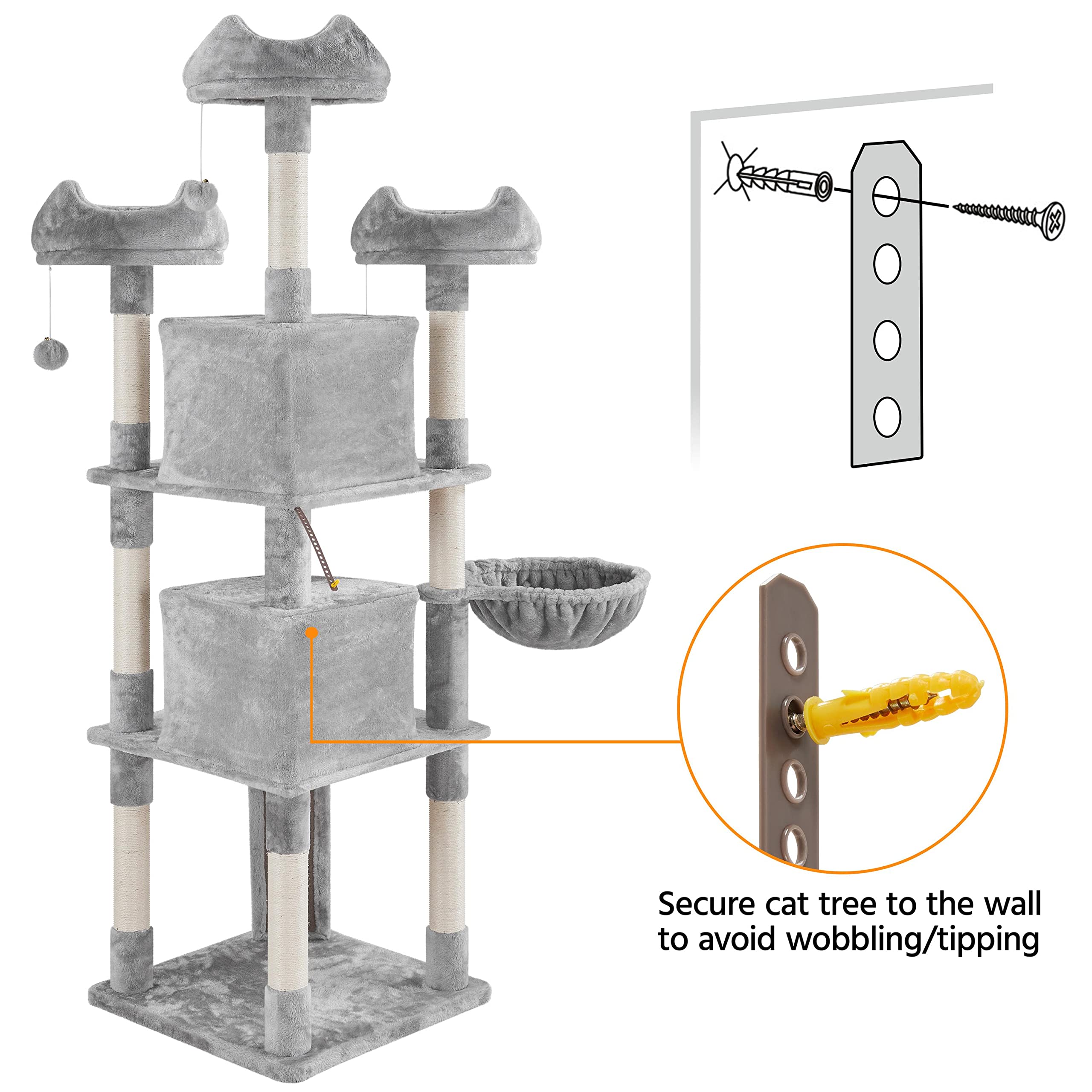Yaheetech Large Cat Tree 76Inch, Multilevel Cat Tower With Perches Condos Scratching Posts For Indoor Cats, Light Gray