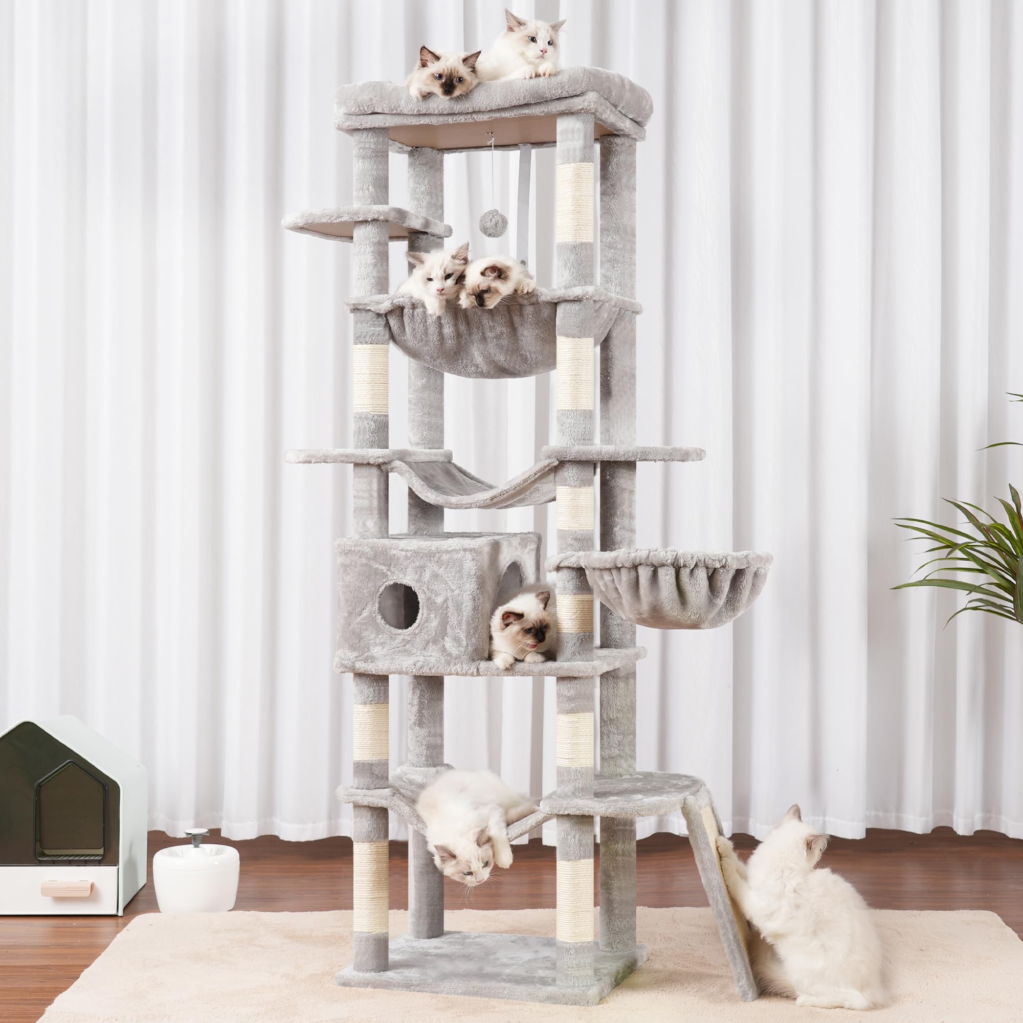 Hey-Brother Cat Tree, 69.3-Inches Multi-Level Plush Cat Tower For Indoor Cats With Large Top Perch, Extra Spacious Hammock, 2 Ha