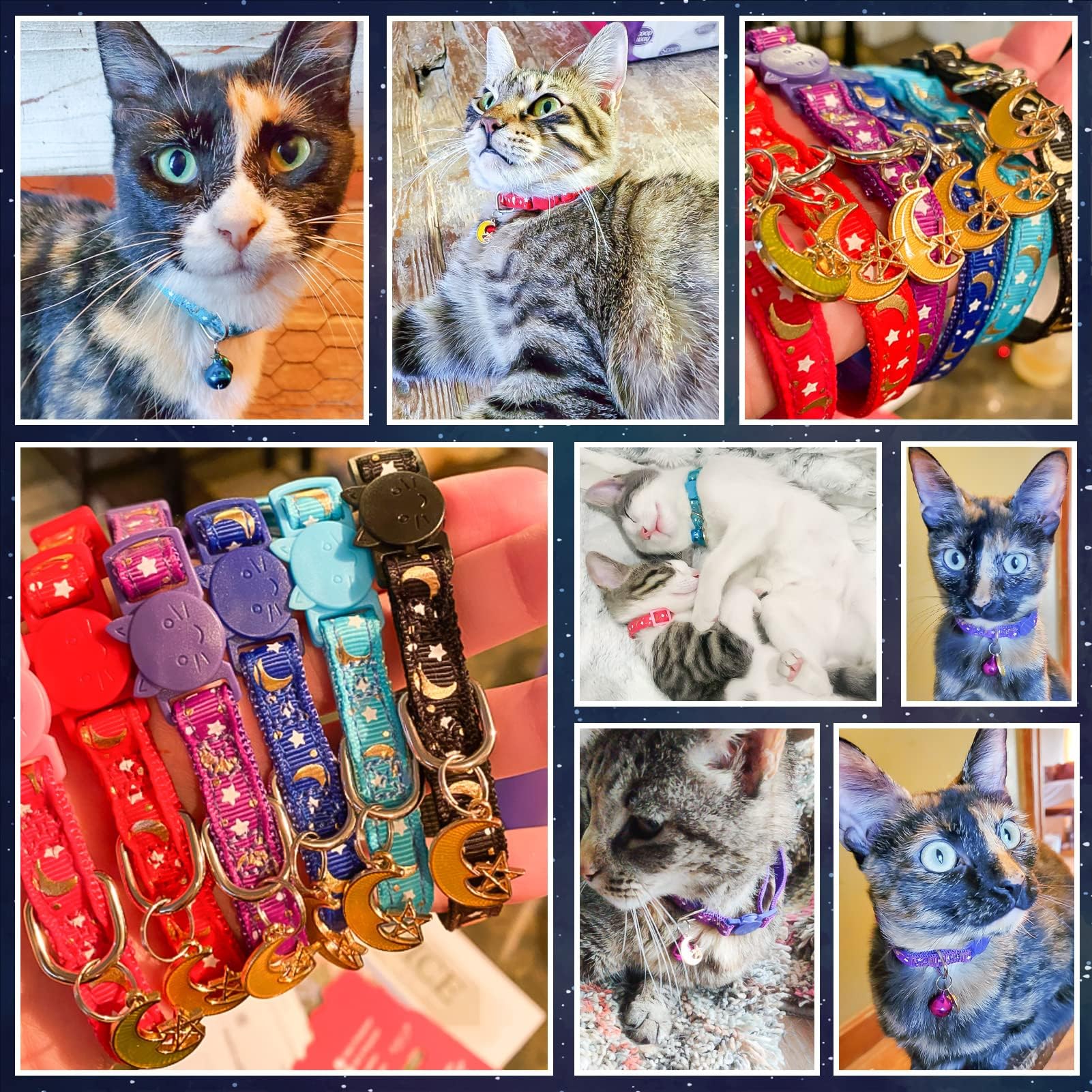 Kooltail Cat Collar Breakaway With Bells - 6 Pack Glow In The Dark - Stars & Moon Charm Pendent Pet Reflective Collars Ideal For Kitten Cats Puppy