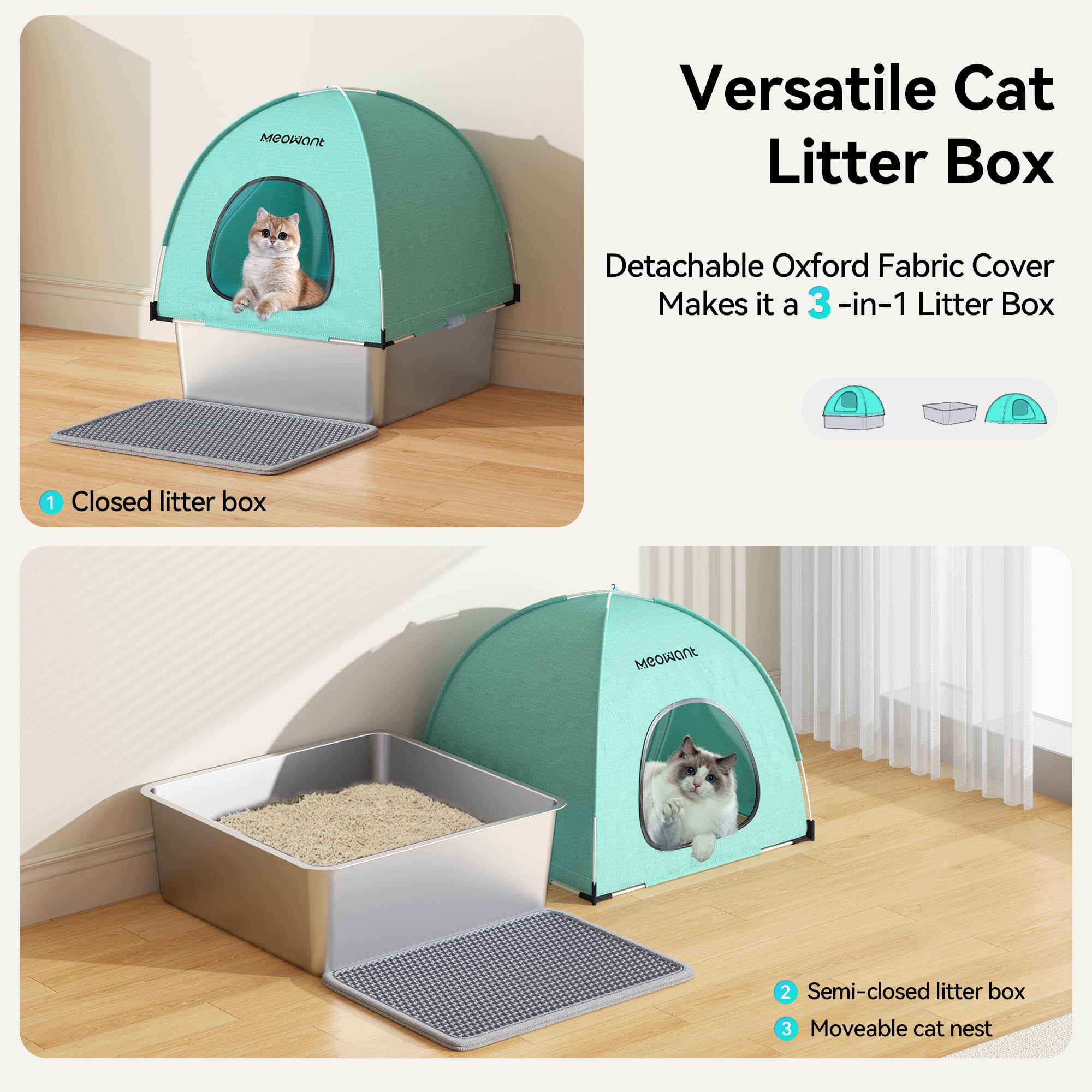 Extra Large 3-in-1 Enclosed Stainless Steel Cat Litter Box with Lid, High-Sided Oxford Cover, Metal Scoop, Odor Free, Leakproof