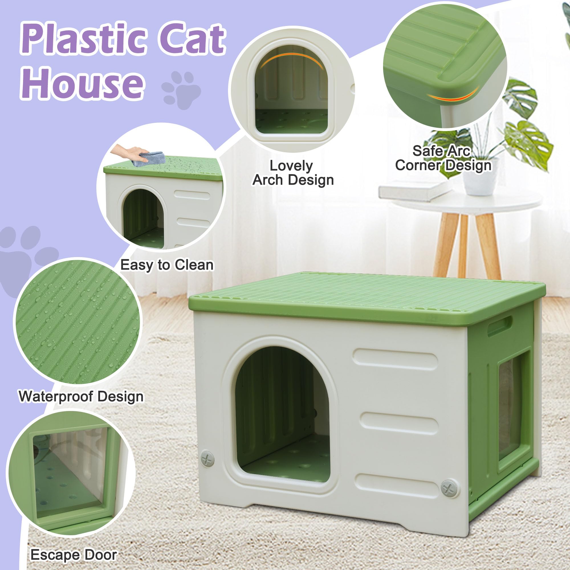 Deblue Plastic Cat House For Indoor & Outdoor, Waterproof Feral Cat House With Escape Door, Sturdy Pet Shelter For Cats, Puppy,