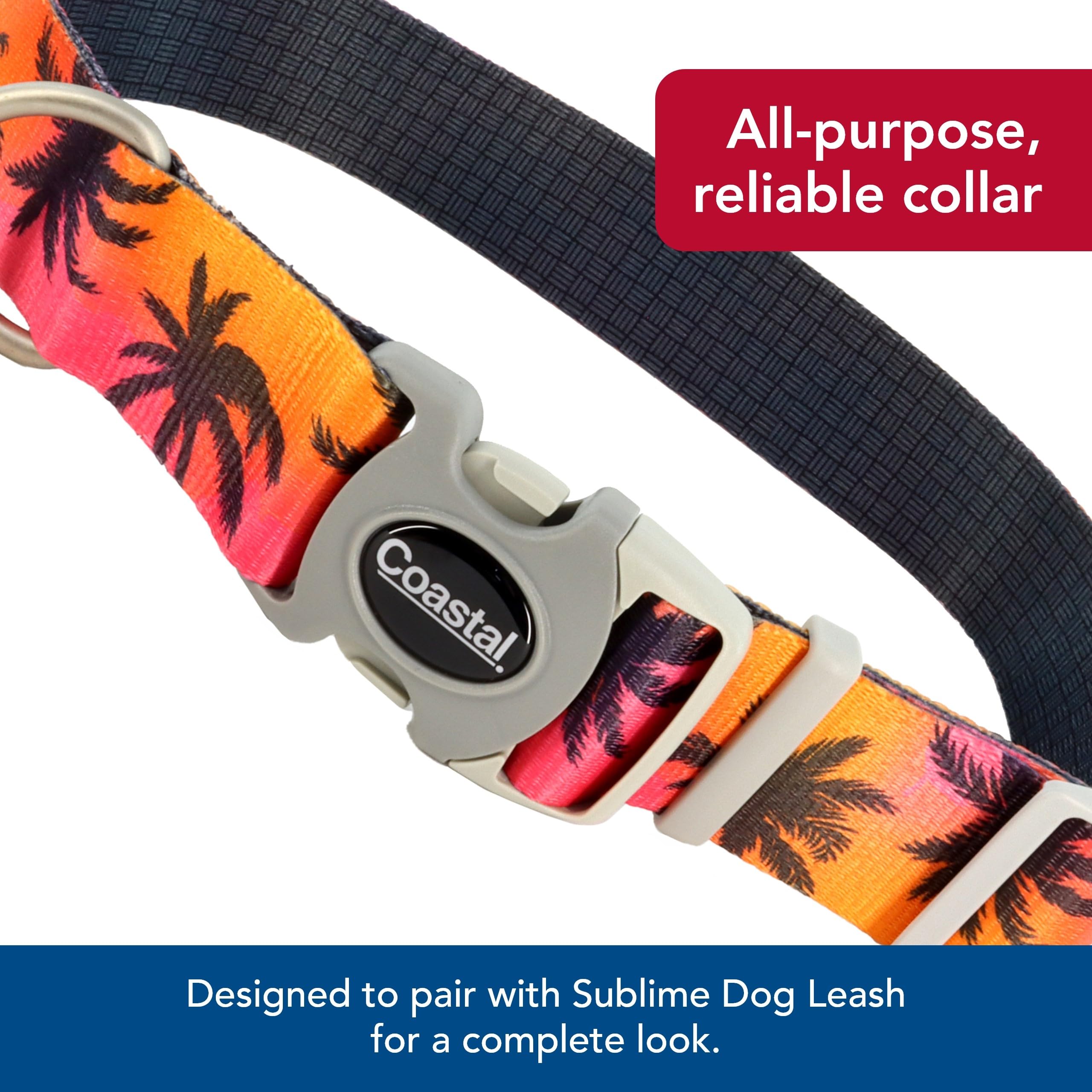 Coastal Pet Sublime Adjustable Dog Collar - Adjustable Plastic Buckle - Vibrant & Colorful Dog Collar With Fade-Resistant Patterns - Sunset Palms With Black Grid, Medium - 1' X 12'-18'