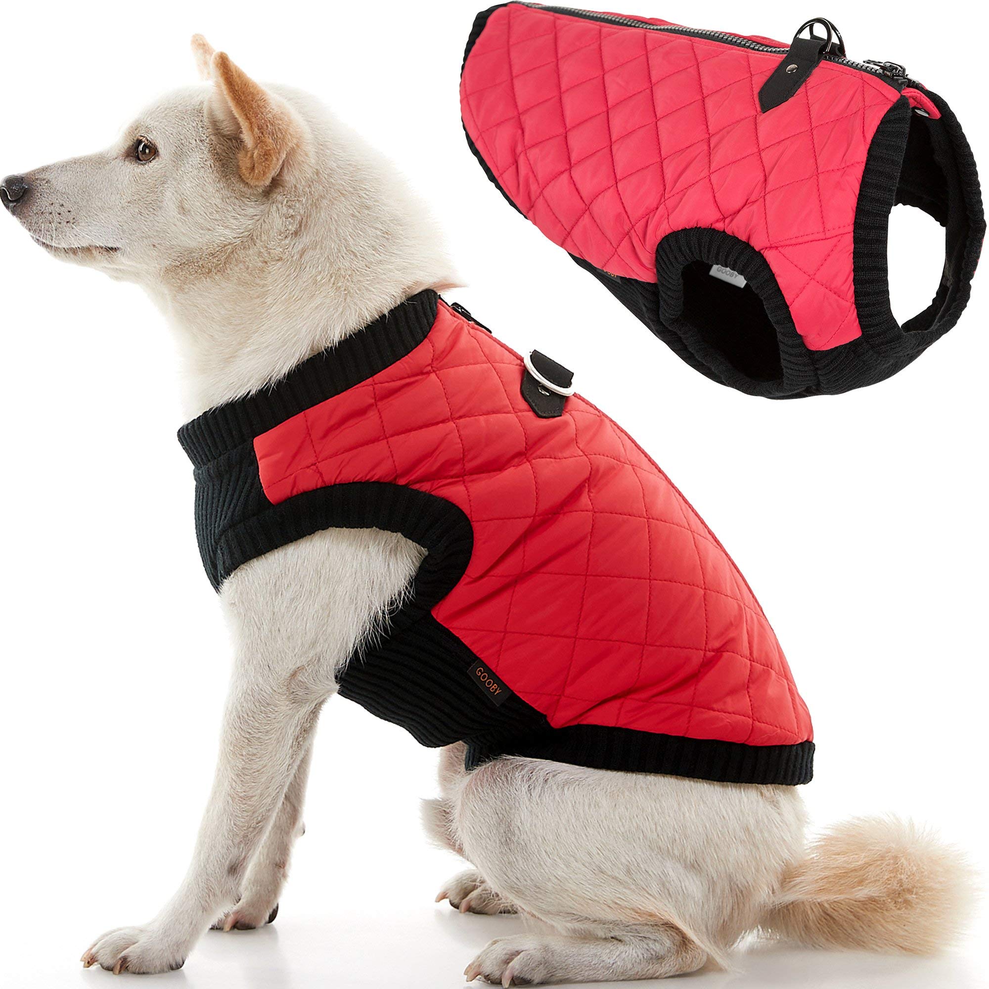 Gooby Fashion Vest Dog Jacket - Red, Large - Warm Zip Up Dog Bomber Vest with Dual D Ring Leash - Winter Water Resistant Small D