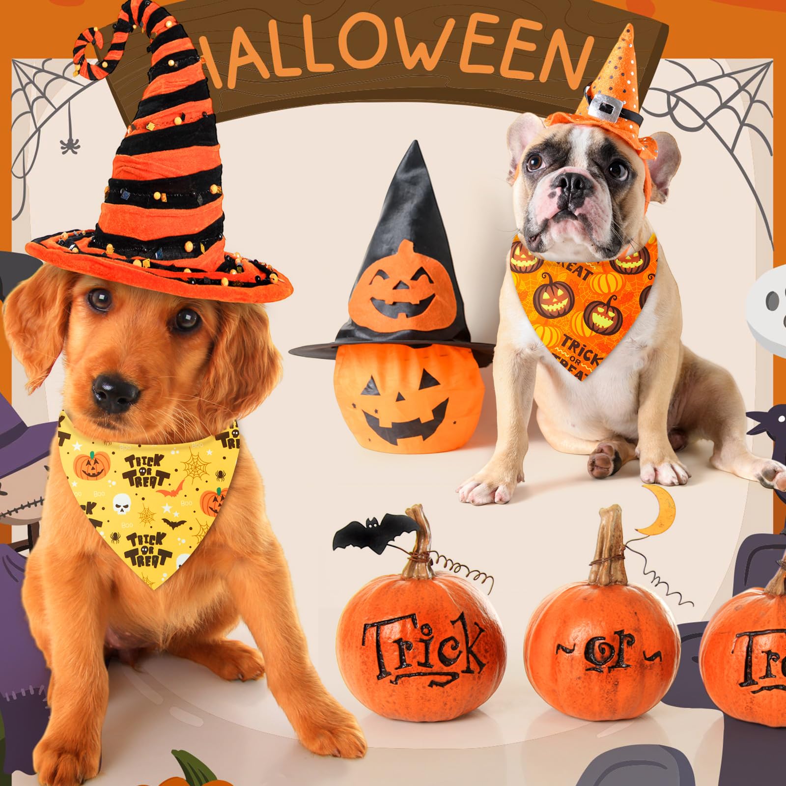 Weewooday 50 Pcs Halloween Dog Bandanas Bulk Pumpkin Ghost Bandanas for Dogs Soft Triangle Bibs Adjustable Triangle for Small Me
