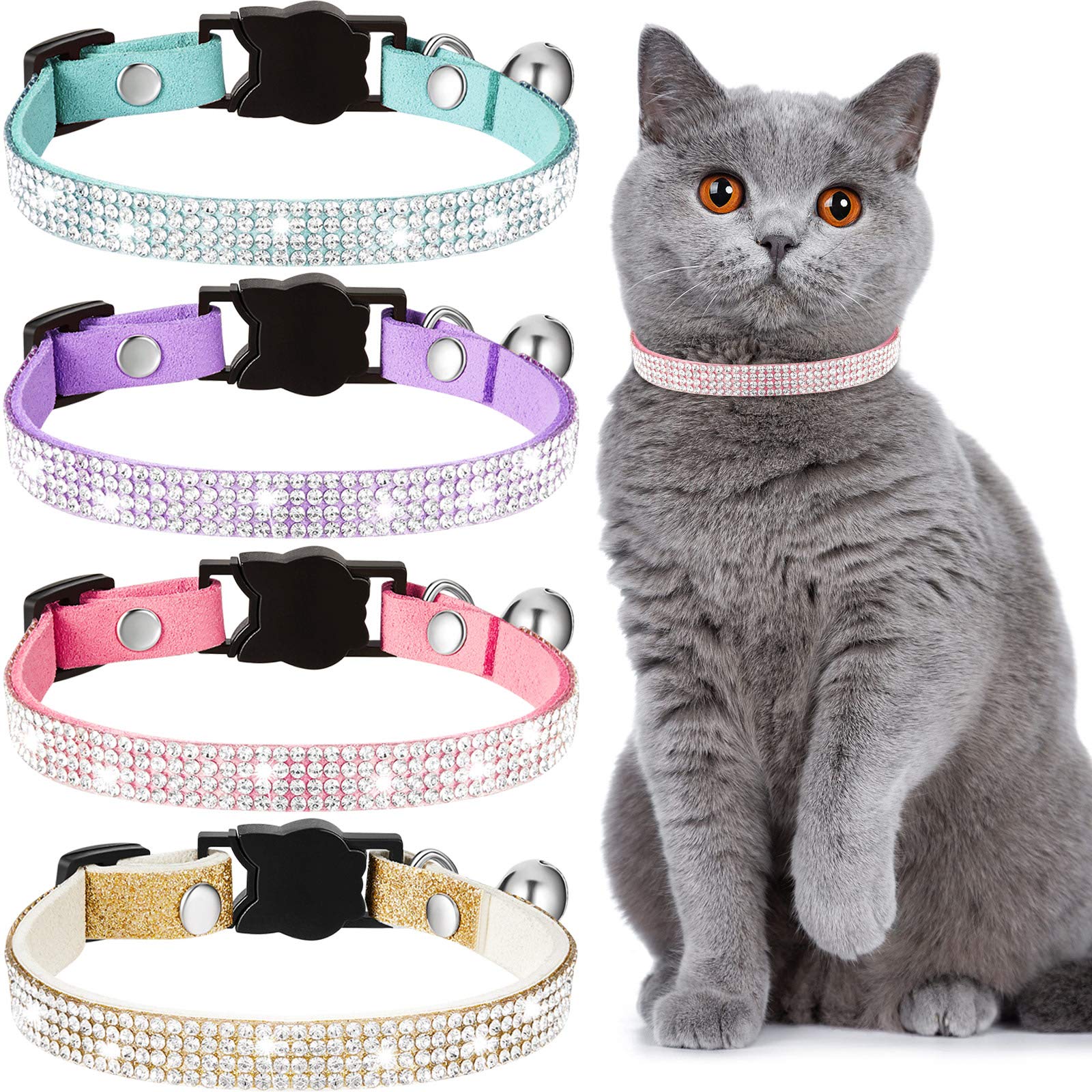Weewooday 4 Pieces Rhinestones Cat Collars Breakaway Cat Collar With Bell Bling Pet Accessories With Soft Velvet, 4 Colors(S,Purple, Blue, Gold, Pink)