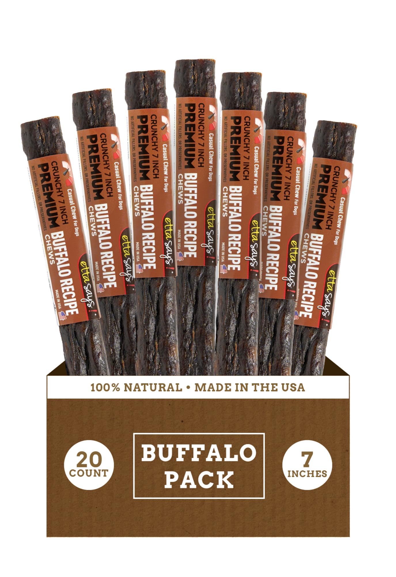 etta says! Premium Crunchy 7 Buffalo Dog Chews - Grain-Free Dog Treats, Good for Teeth, Easy to Digest - Made in The USA (20 Cou