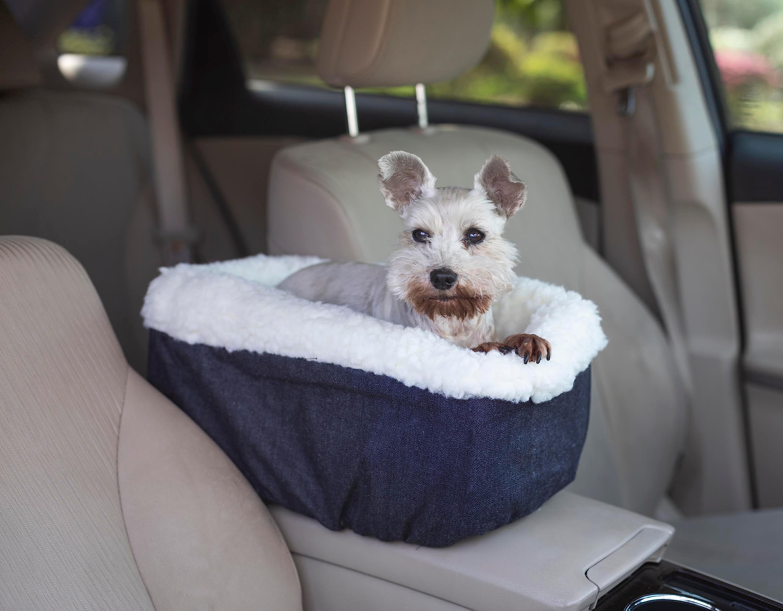 Snoozer Console Pet Car Seat Cream Fur, Small, Denim
