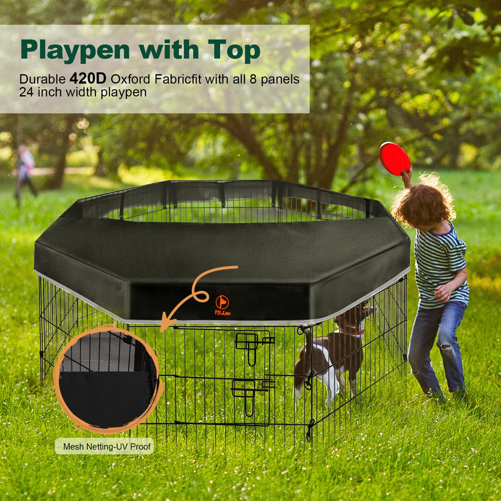 Pjyucien Dog Playpen - 8 Panels 36”H Metal Foldable Dog Exercise Pen, Pet Fence Puppy Crate Kennel Indoor Outdoor With Top Cover & Bottom Pad For Medium Large Pets