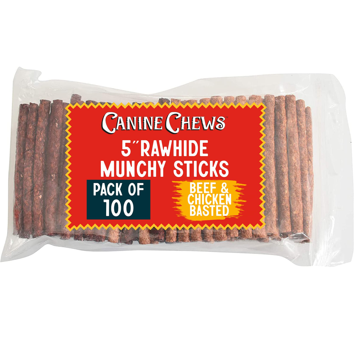 Canine Chews 5' Munchy Rawhide Sticks For Small Dogs Munchy Dog Treat Sticks 100 Pack (Beef & Chicken)