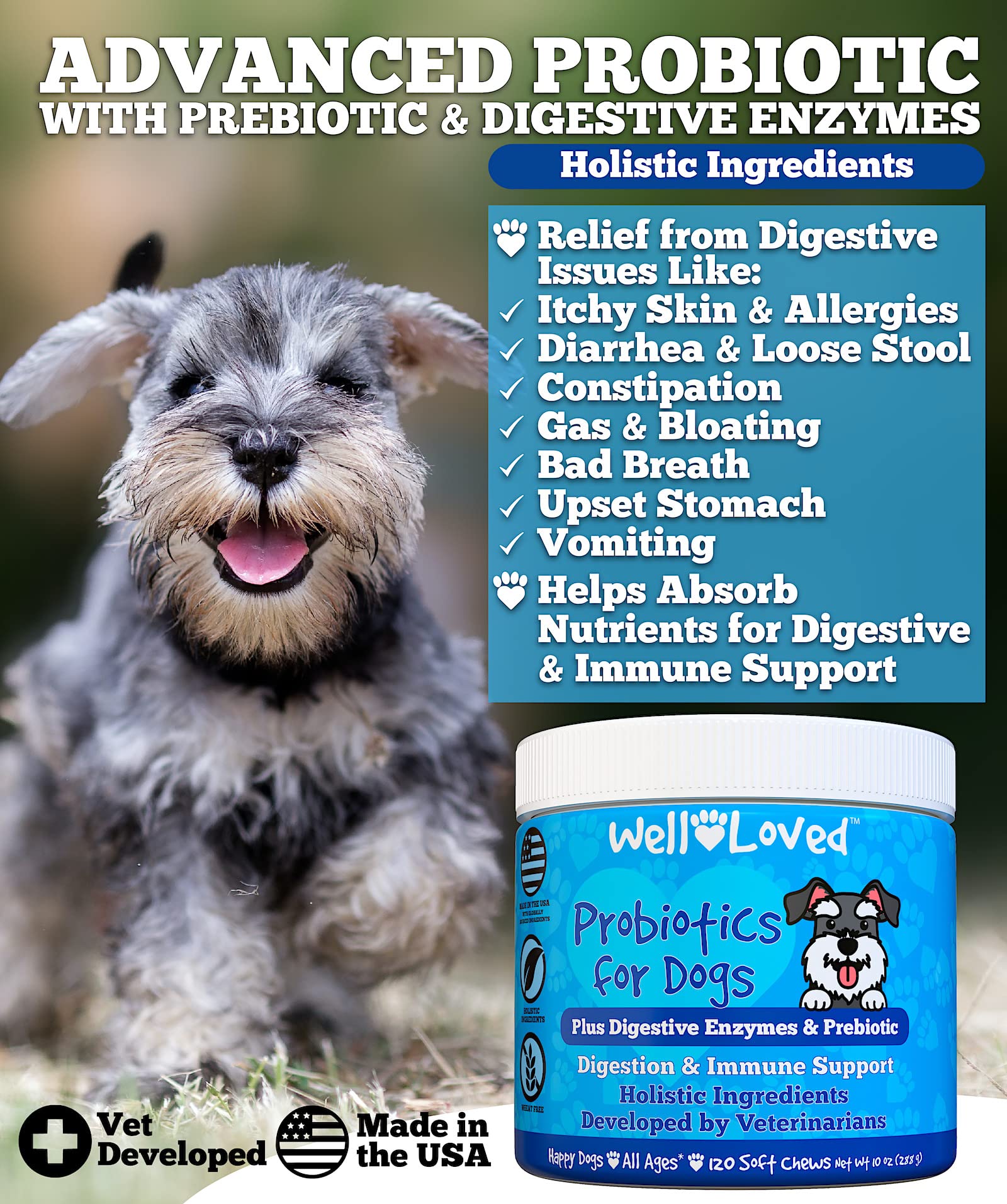 Well Loved Probiotics for Dogs, Dog Probiotics, Made in USA, Vet Developed for Gut Health, Yeast Balance, Itchy Skin, Diarrhea &
