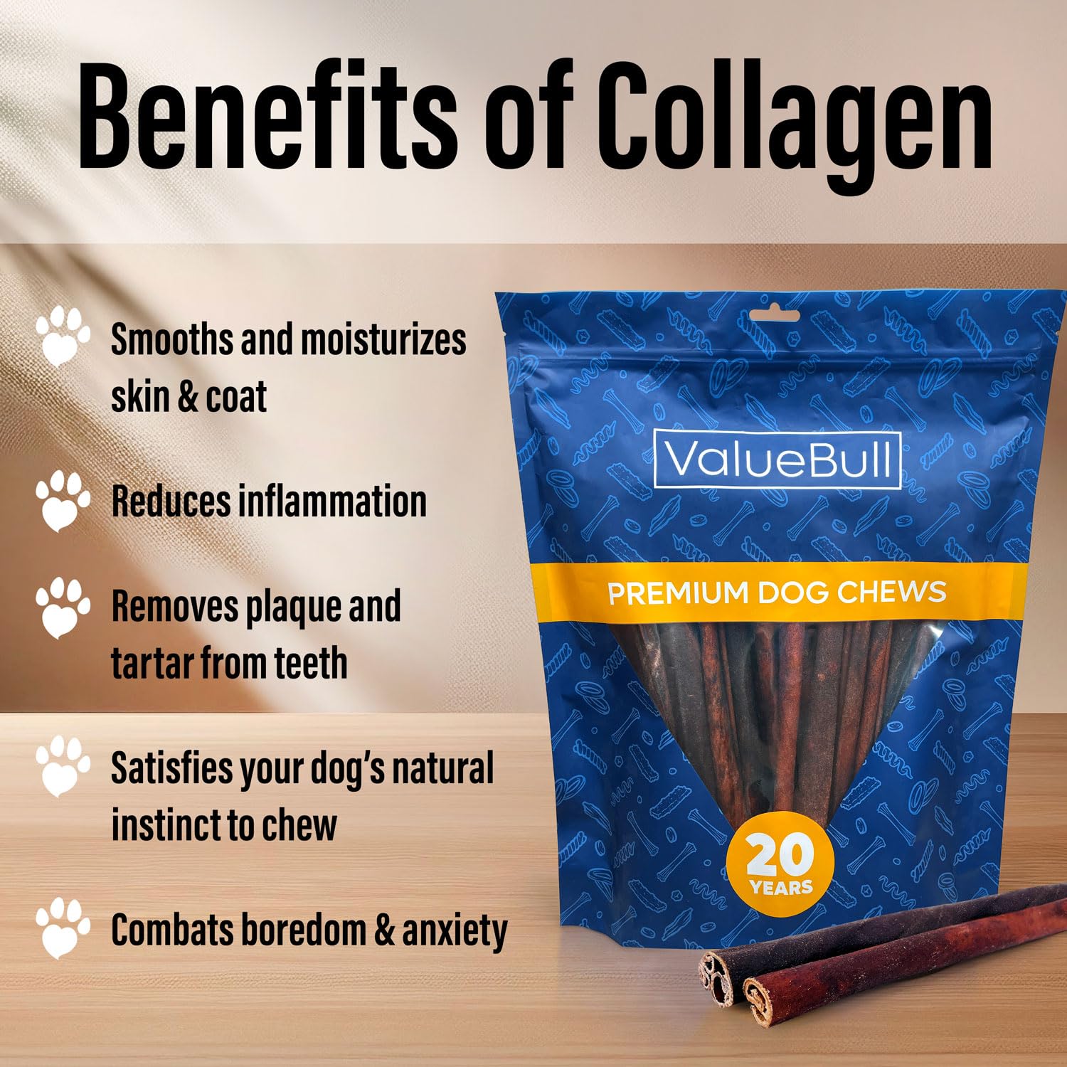 ValueBull Collagen Sticks for Dogs, 12 Inch Thick Chews, Natural Long-Lasting Dog Treats, 25 Count - Supports Joints, Skin & Coa