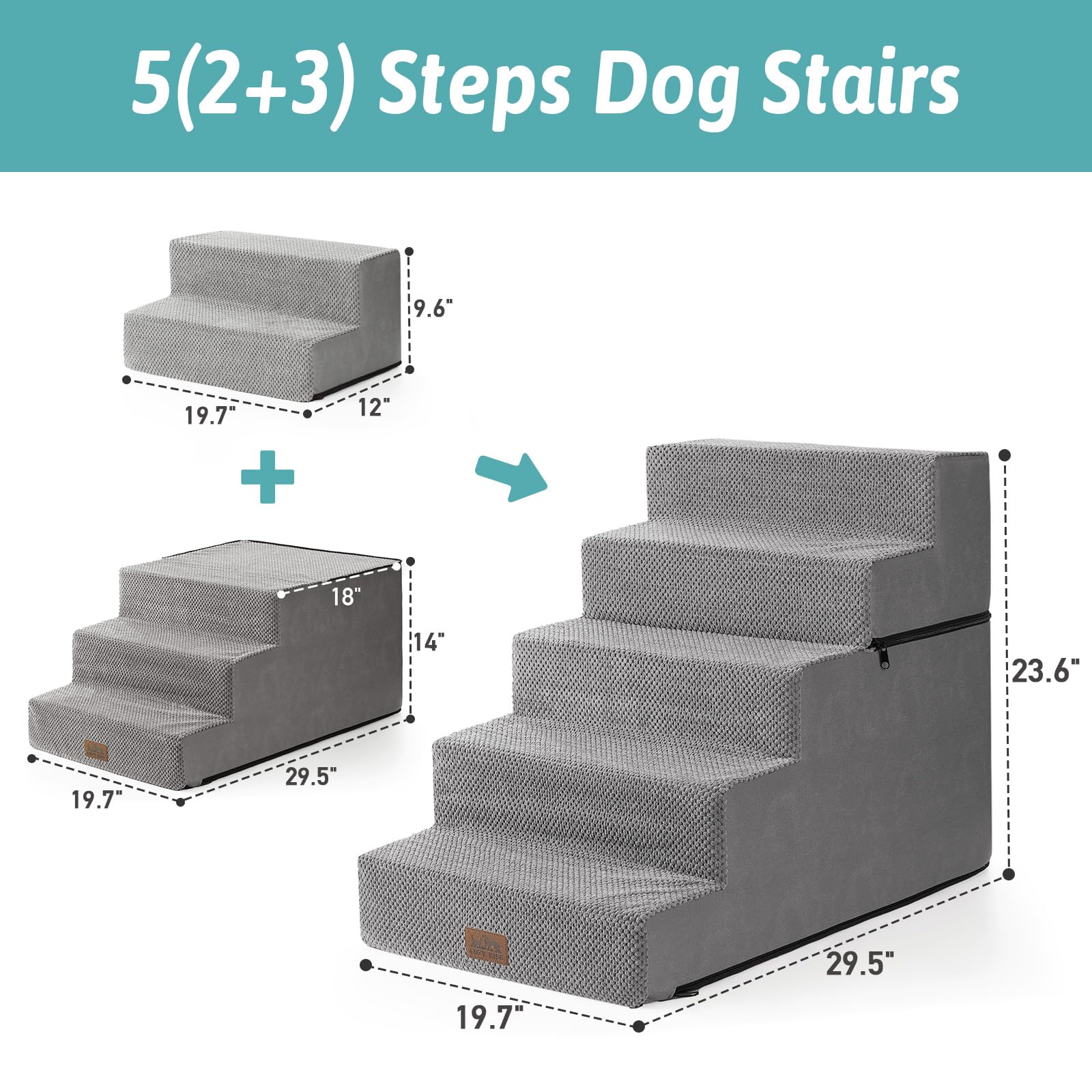 COZY KISS Dog Stairs - 5 Tier Non-Slip Pet Steps for Small Dogs, 23.6" H, 19.7x29.5", Grey, Removable High