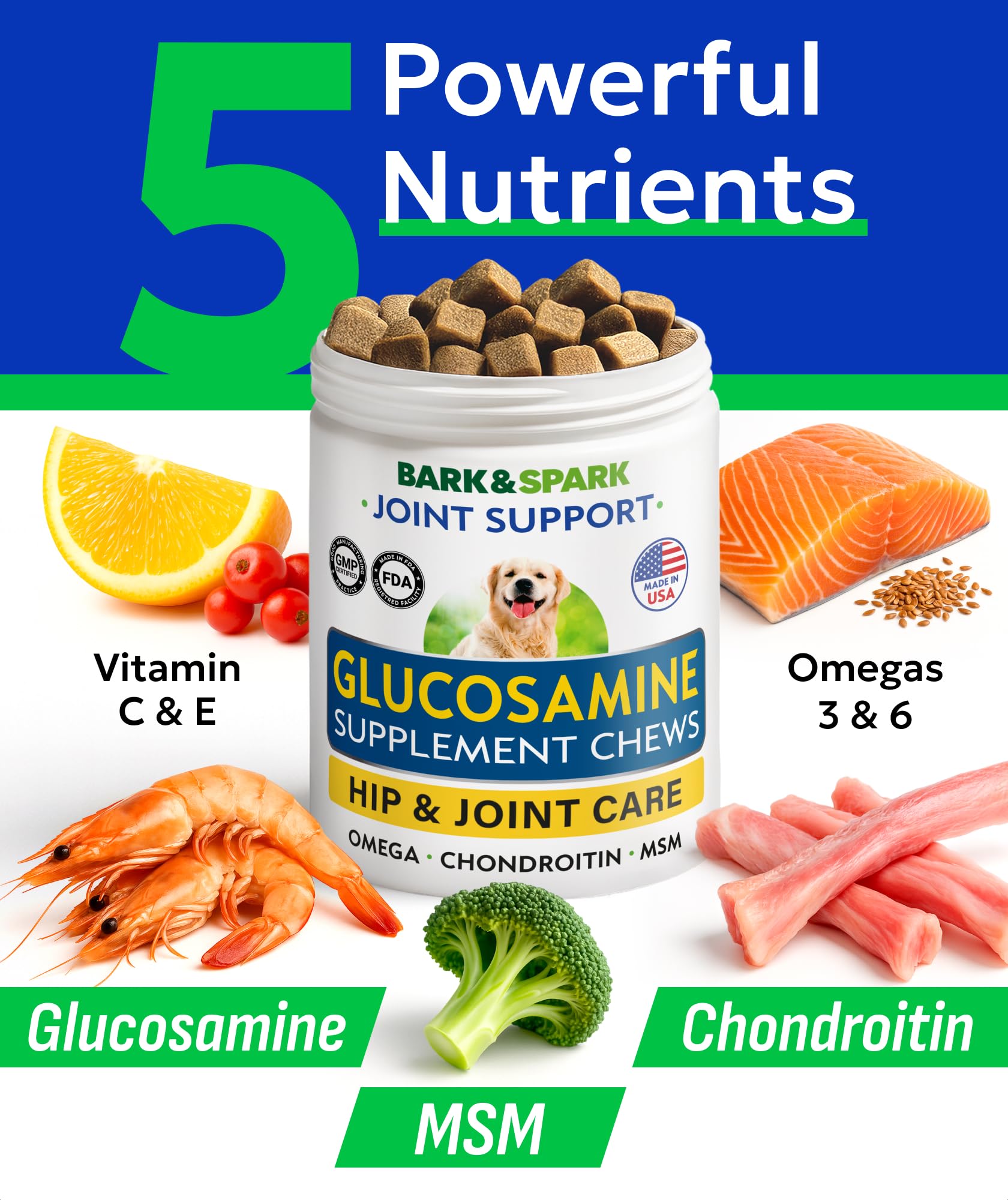 Bark&Spark Glucosamine Chondroitin Dog Hip & Joint Supplement - Joint Pain Relief - Hip & Joint Chews - Joint Support Large Smal