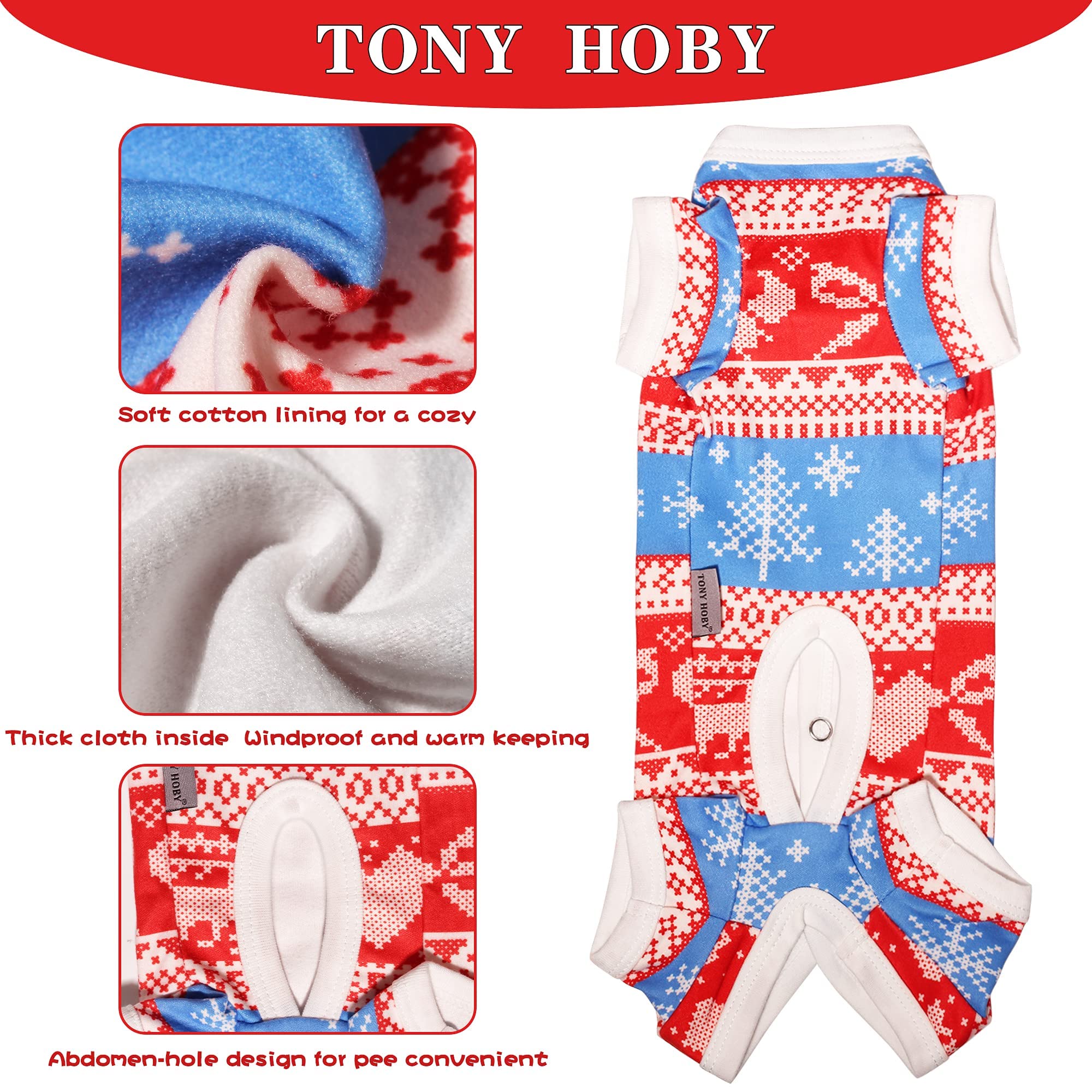 Tony Hoby Dog Pajamas, Dog Jumpsuit With Snoeflake Pattern, Warm Dog Shirts For Small Medium Dog (Red&White, Boy, S)