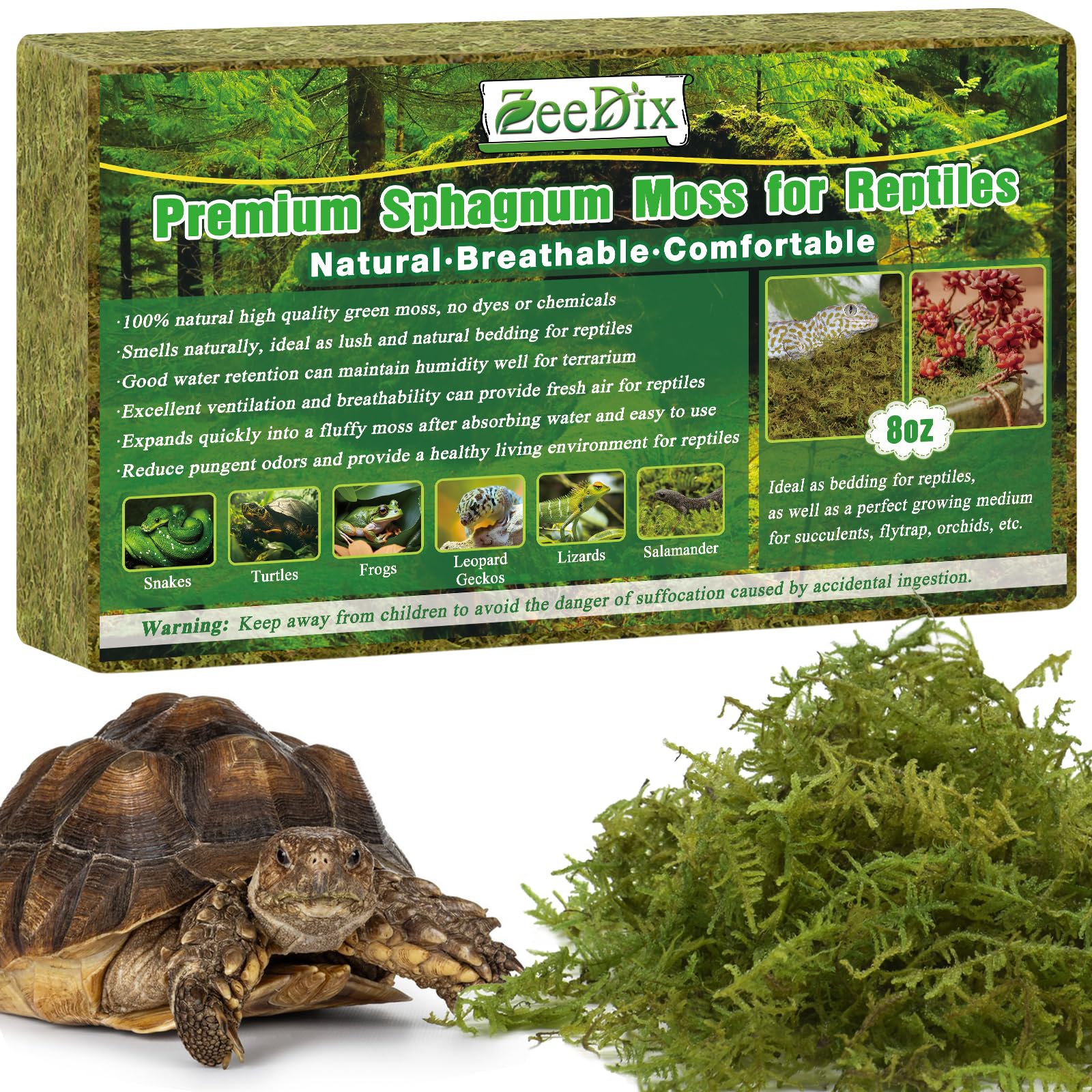ZeeDix 8OZ Premium Sphagnum Moss for Reptile, 12QT Green Natural Live Moss Reptile Moss Bedding for Terrarium Plants, Long Fiber