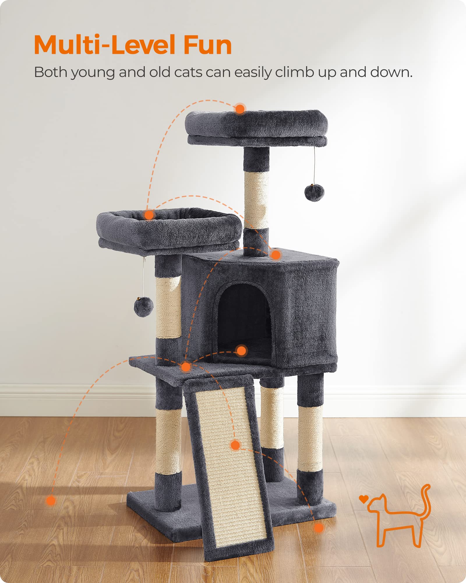 Feandrea Cat Tower, Cat Tree For Indoor Cats, 45.3-Inch Cat Condo With Scratching Post, Ramp, Perch, Spacious Cat Cave, For Kitt
