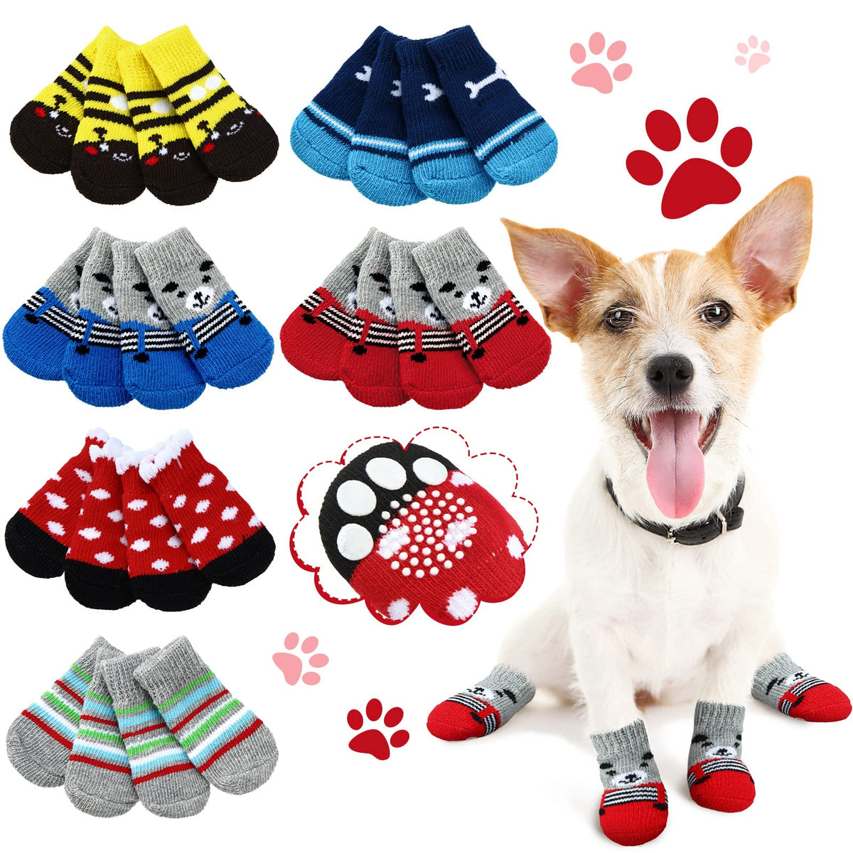 24 Pieces Dog Socks For Small Medium Dogs Non Slip Skid Pet Puppy Doggie Grip Socks Paw Protectors Indoor Traction Control Socks For Hardwood Floor Protection, 6 Styles(Large)