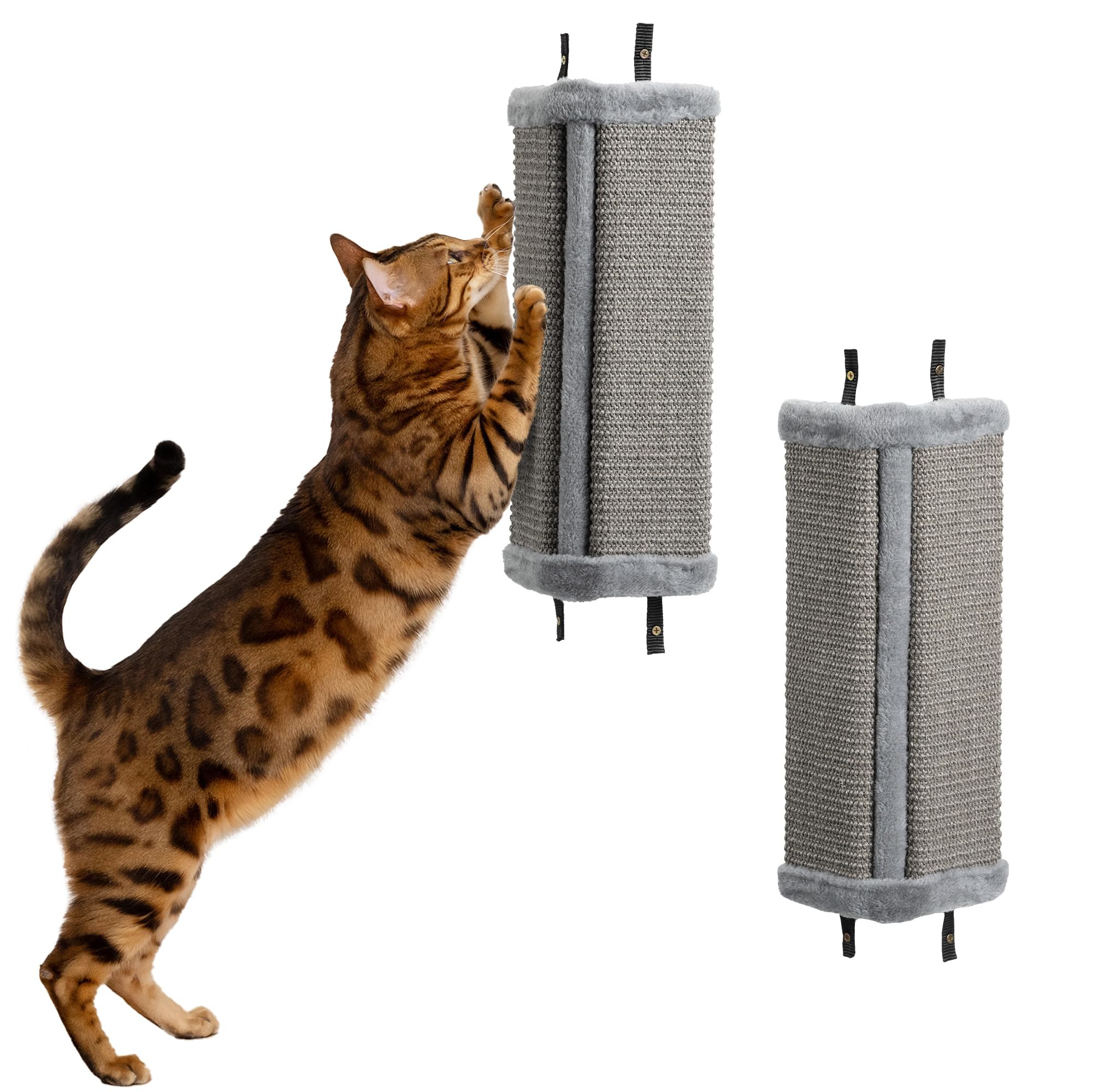 Navaris Wall Mounted Cat Corner Scratcher, Set Of 2, Grey - Durable Sisal Cat Scratching Essentials - 4 Nylon Straps For Secure 