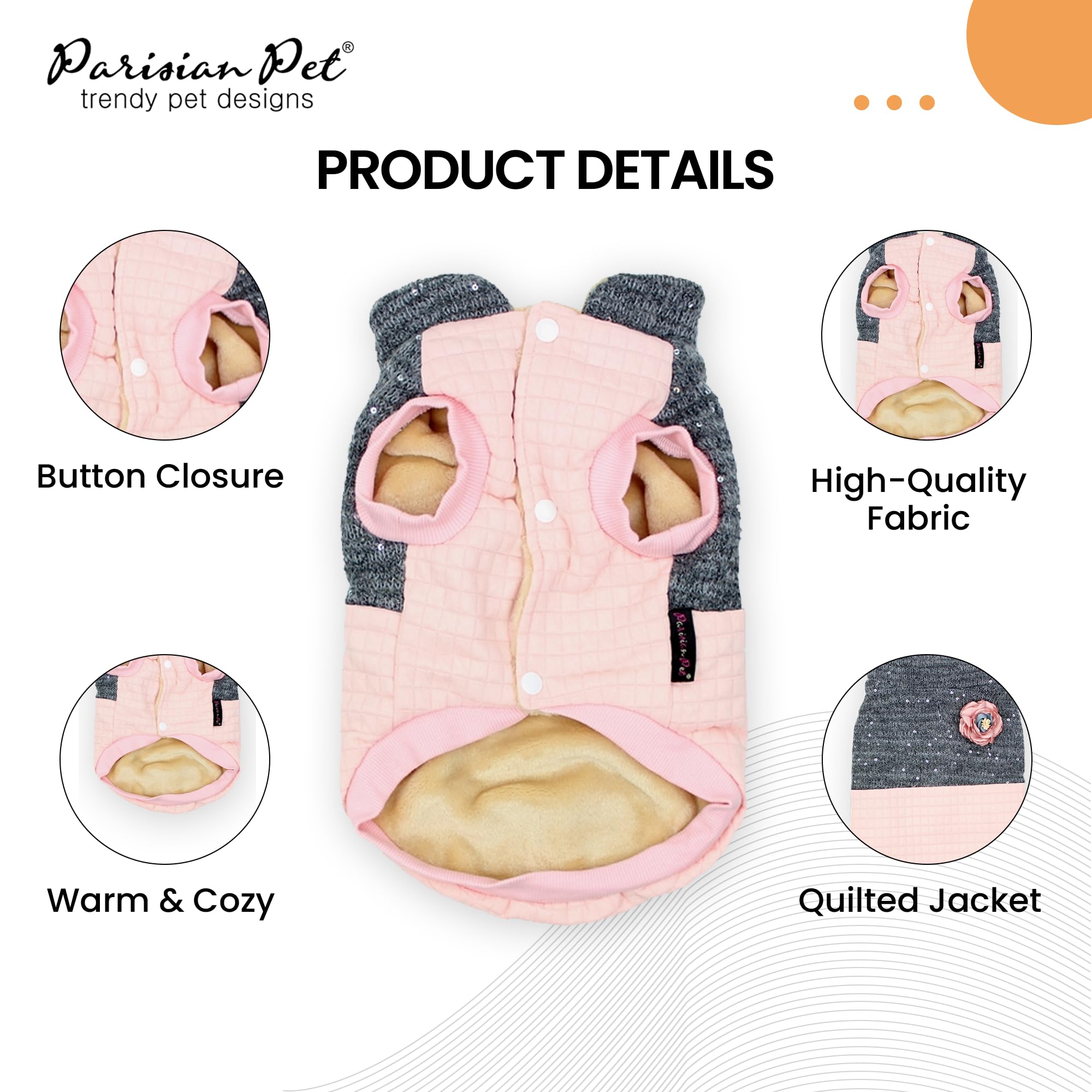 Parisian Pet Jacket - Pink Winter Coat For Dogs - Windproof Clothes For Cold Weather - Soft Warm Fleece Vest - Fancy Flower Quil