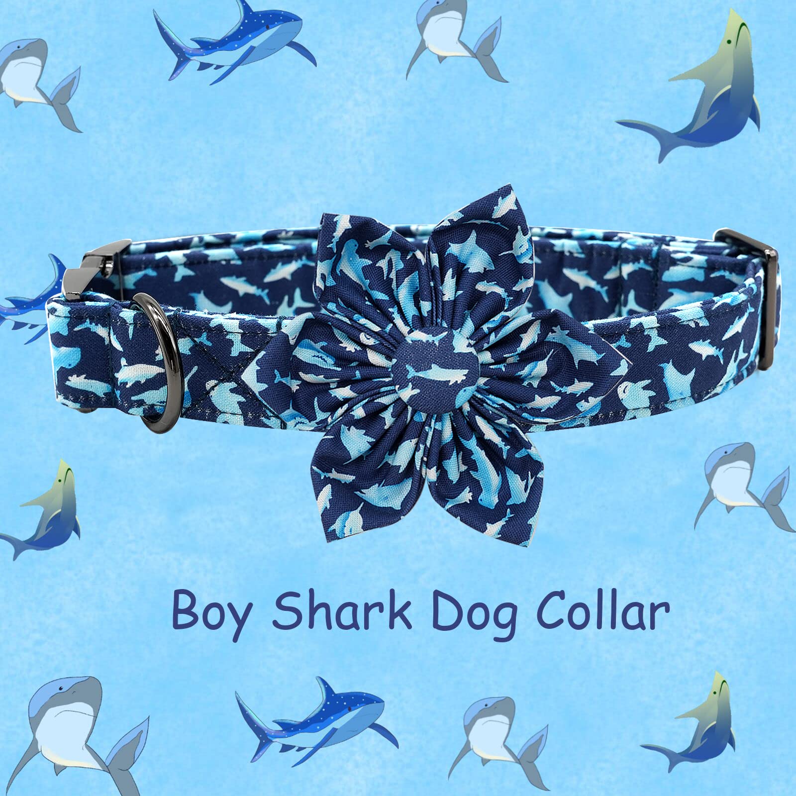 Elegant little tail Dog Collar with Flower - Shark Print Dog Collar Durable Cute Flower Collar Adjustable Dog Collar for X-Large
