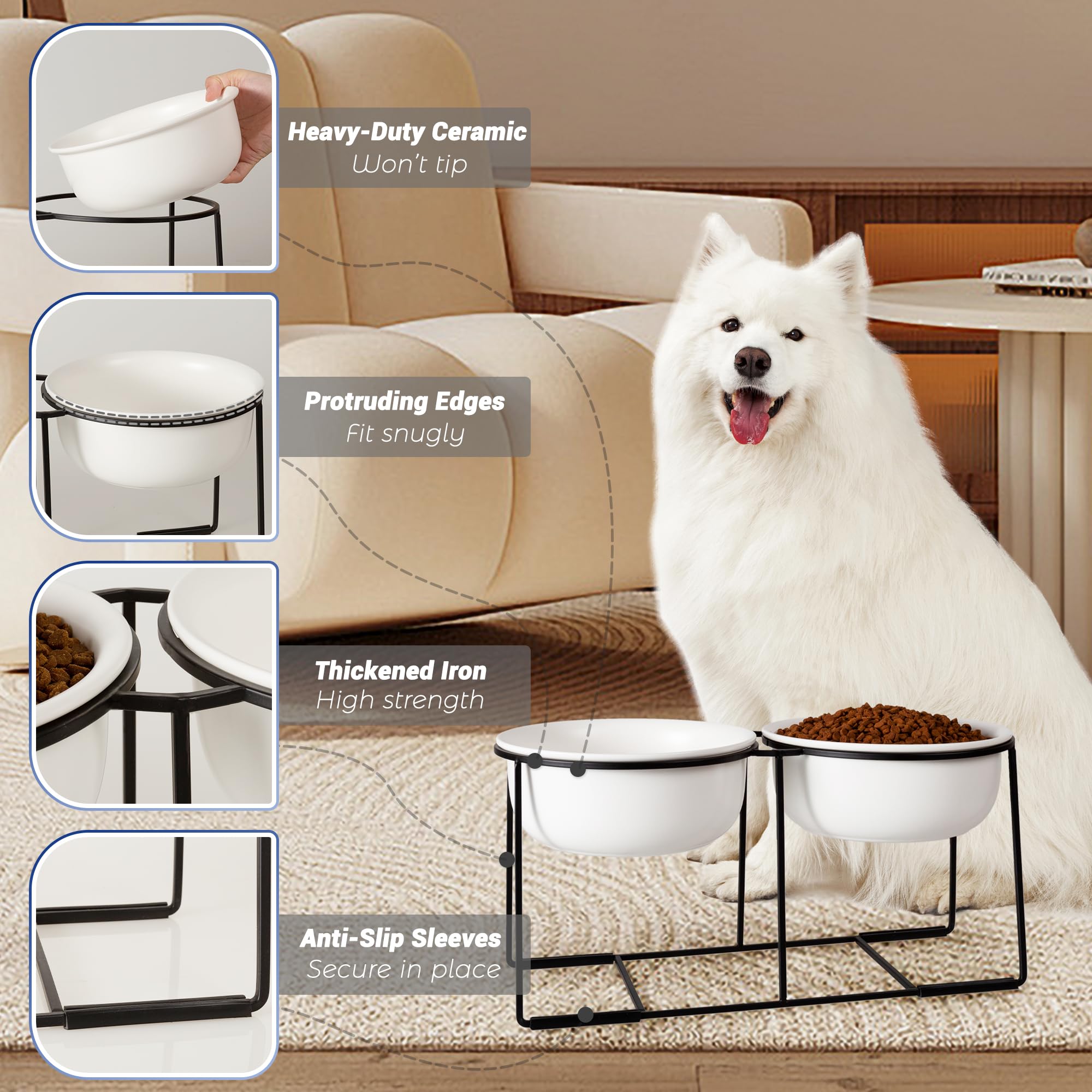 Ceramic Elevated Dog Bowl Set - Raised Double Feeding Bowls With Metal Stand - Pet Dishes For Medium And Large Dogs - 3.5 Cups -