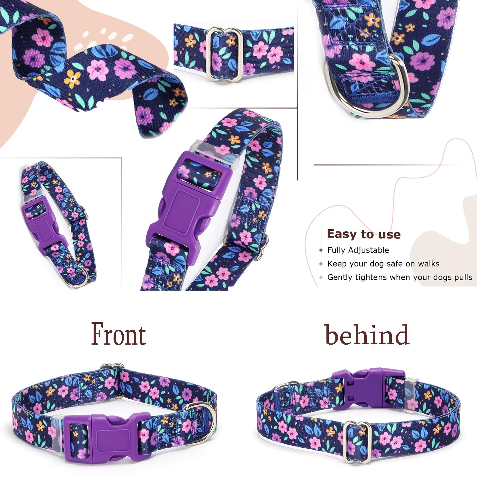 Purple Dog Collars For Large Dogs,Cute Girl Dog Collar With Boho Flowers Patterns,Adjustable Comfy Soft Durable Pet Collar For S