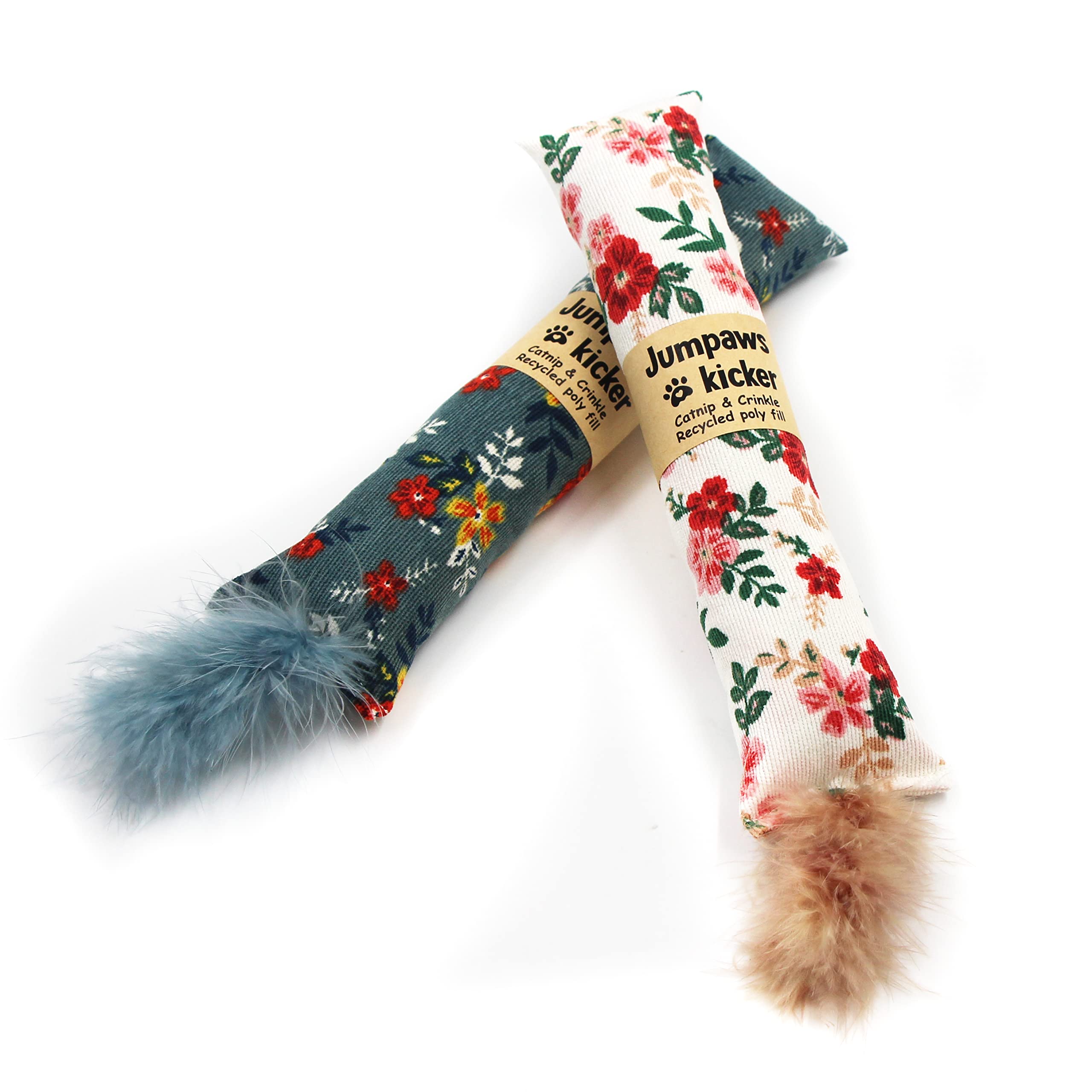 Jumpaws 2 Pack Natural Interactive Catnip & Silvervine Cat Kicker With Feathers, Bite Resistant Chew Toy, Crinkle Kicker, Access