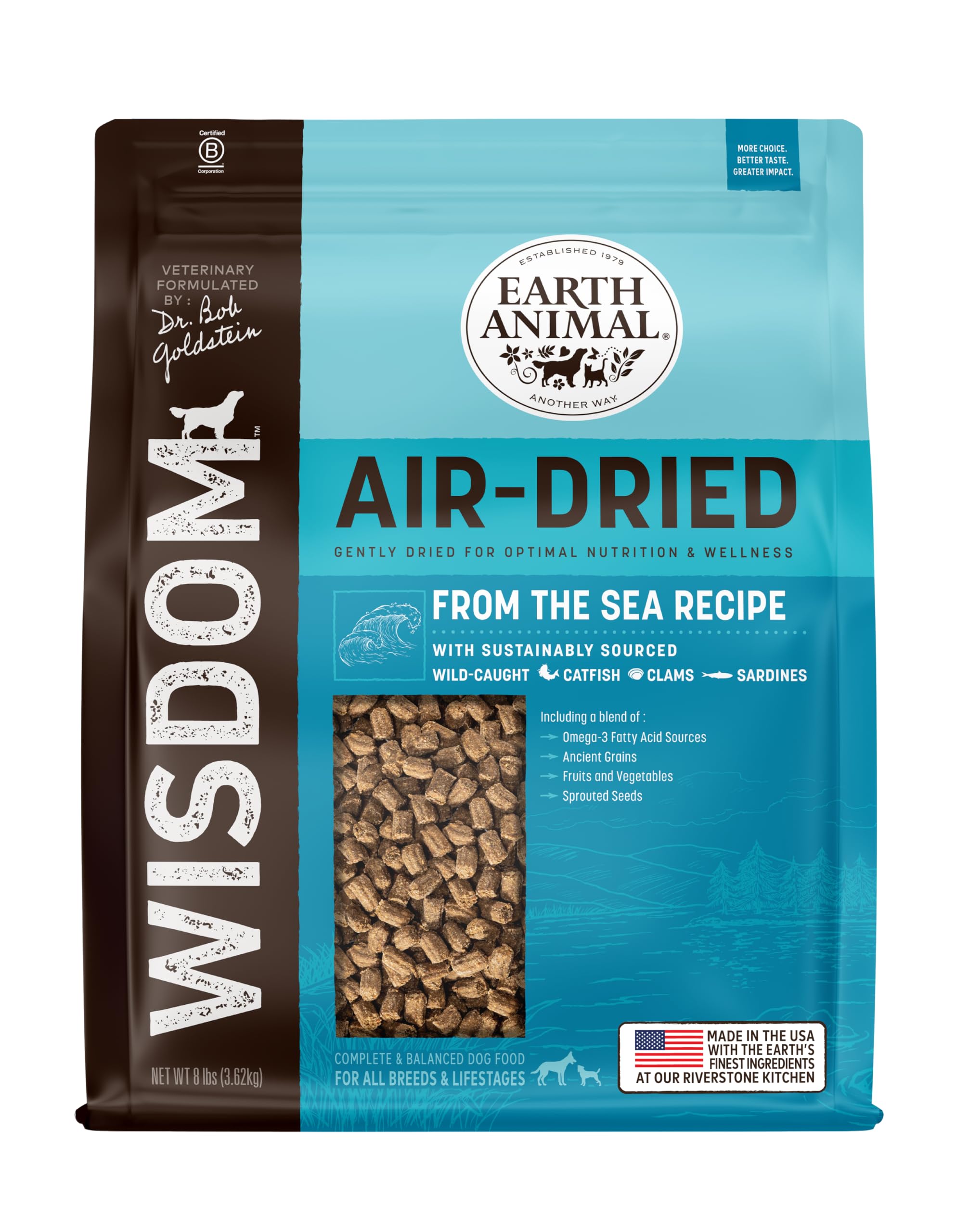 Earth Animal Wisdom Air Dried Dog Food - From the Sea Recipe Premium Natural Dry Dog Food for All Breeds & Ages - 8 Lbs Bag