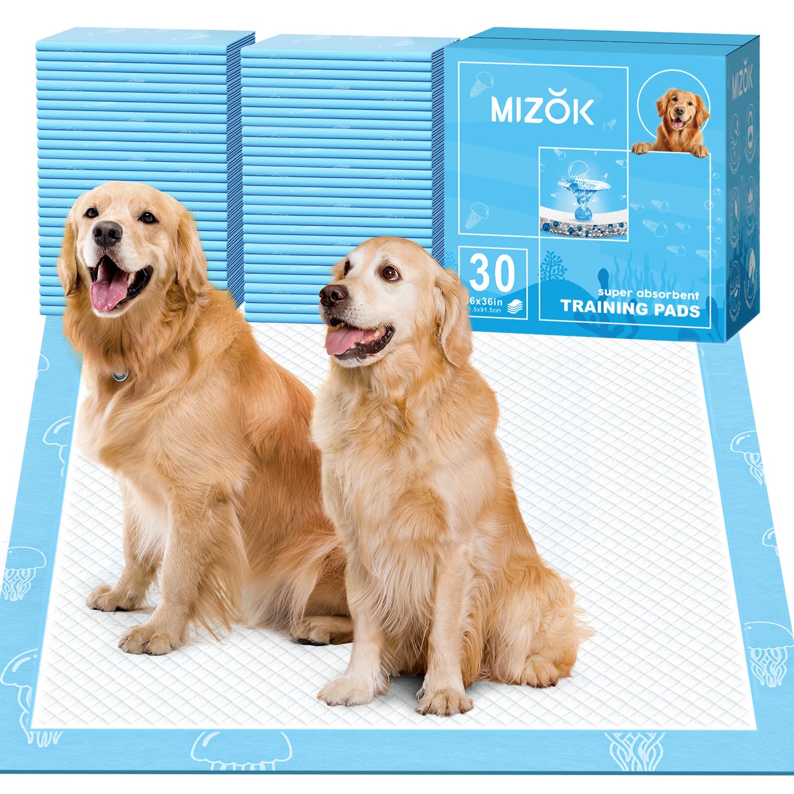 MIZOK 36x36in Dog Pee Pads Jumbo Disposable Dog Training Pads Super Absorbent Up to 11 Cups Marine Scented Odor-Control Dog Pads