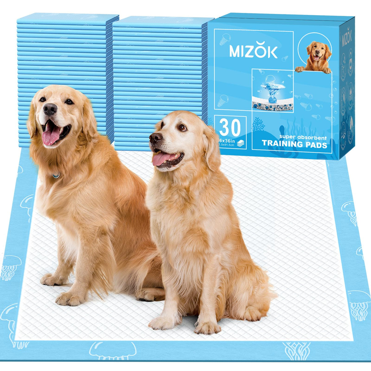 MIZOK 36x36in Dog Pee Pads Jumbo Disposable Dog Training Pads Super Absorbent Up to 11 Cups Marine Scented Odor-Control Dog Pads