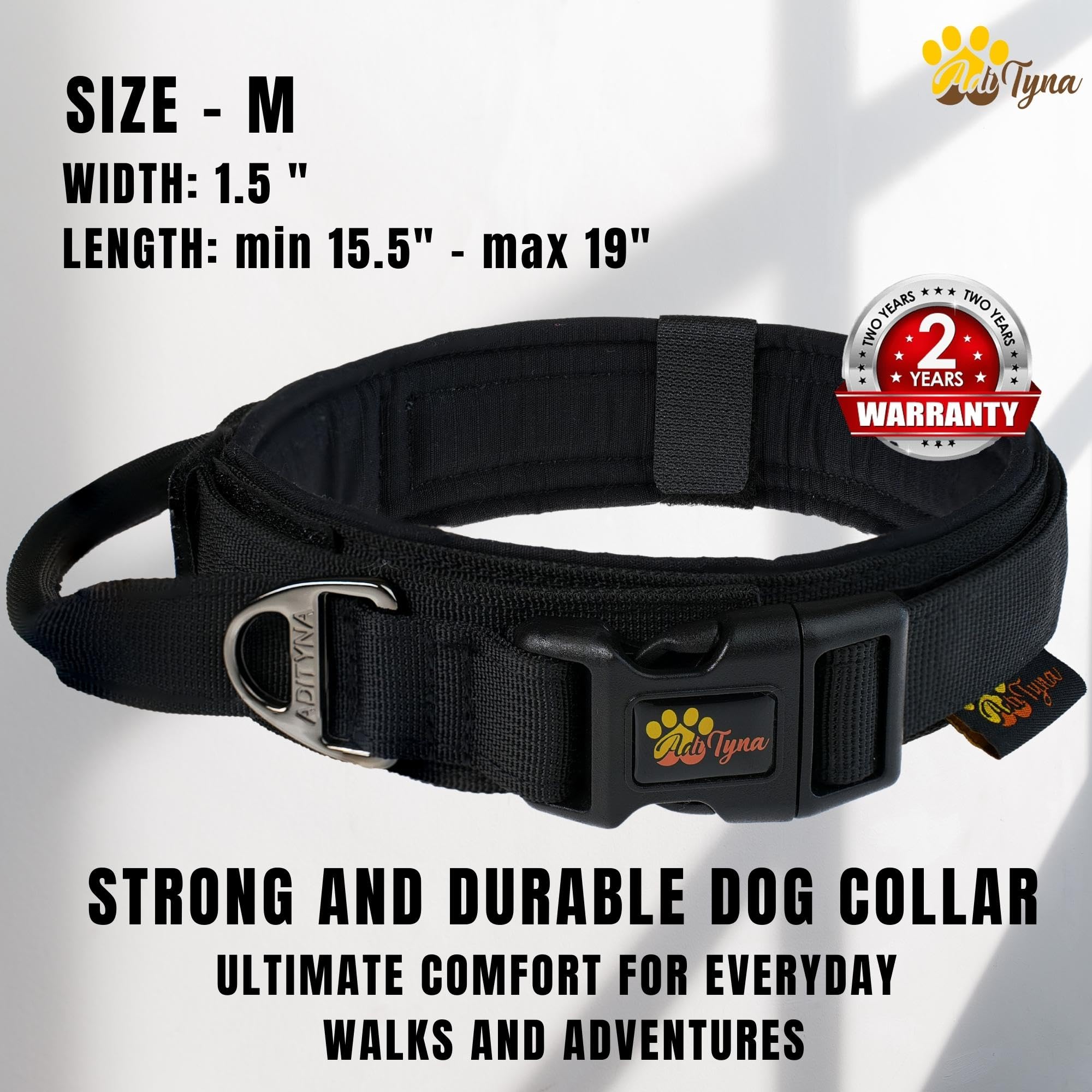 Adityna Tactical Dog Collar For Medium Dogs - Soft Padded, Heavy Duty, Service, Adjustable, Military, K9 Black Medium Collar Wit