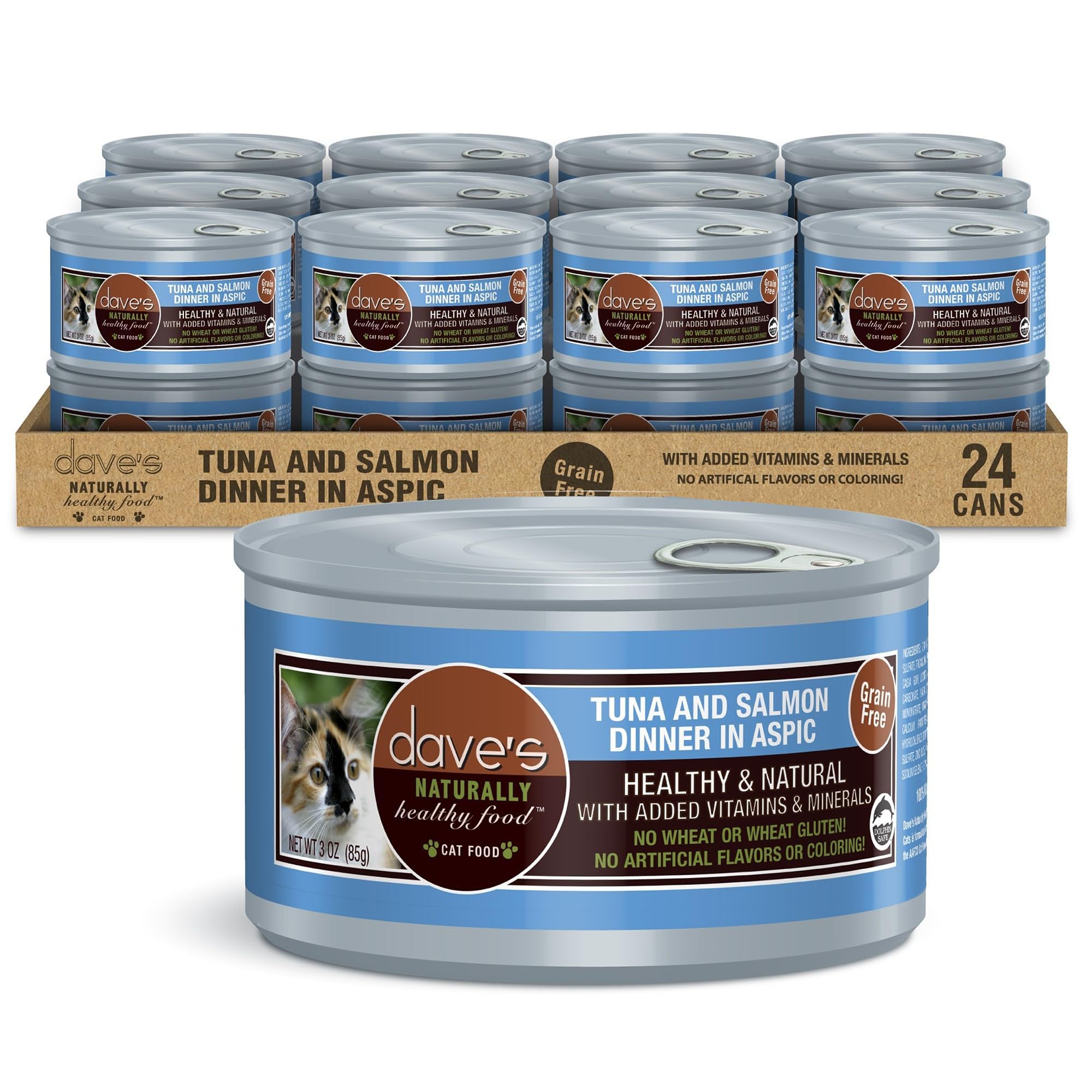 Daves Pet Food Grain Free Wet Cat Food (Tuna & Salmon in Aspic), Naturally Healthy Canned, Added Vitamins & Minerals, Wheat & G