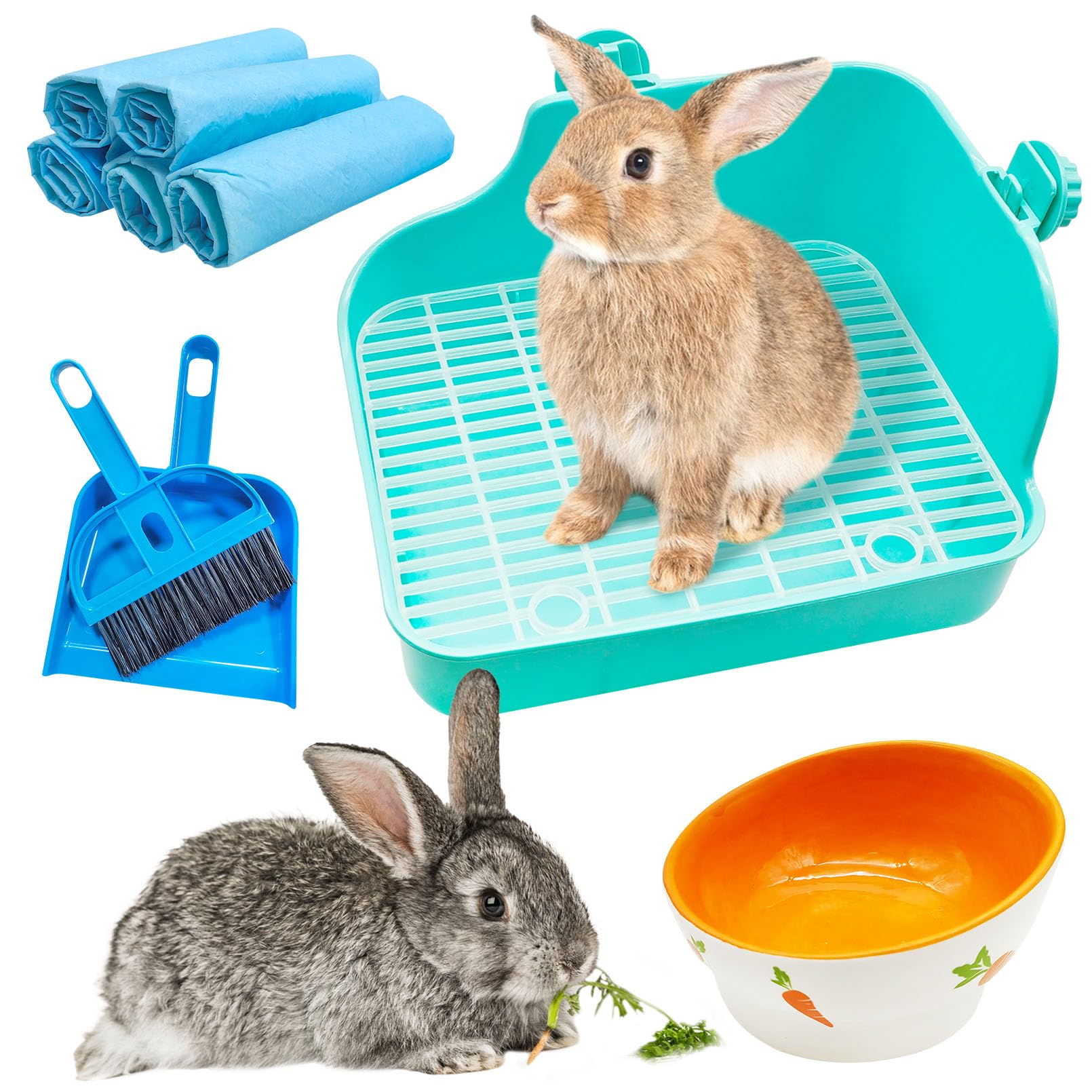 PINVNBY Multi-Purpose Plastic Rabbit Litter Box Set, 5 Disposable Pet Pads, Mini Broom & Dustpan, Ceramic Rabbit Feeding Bowl - 