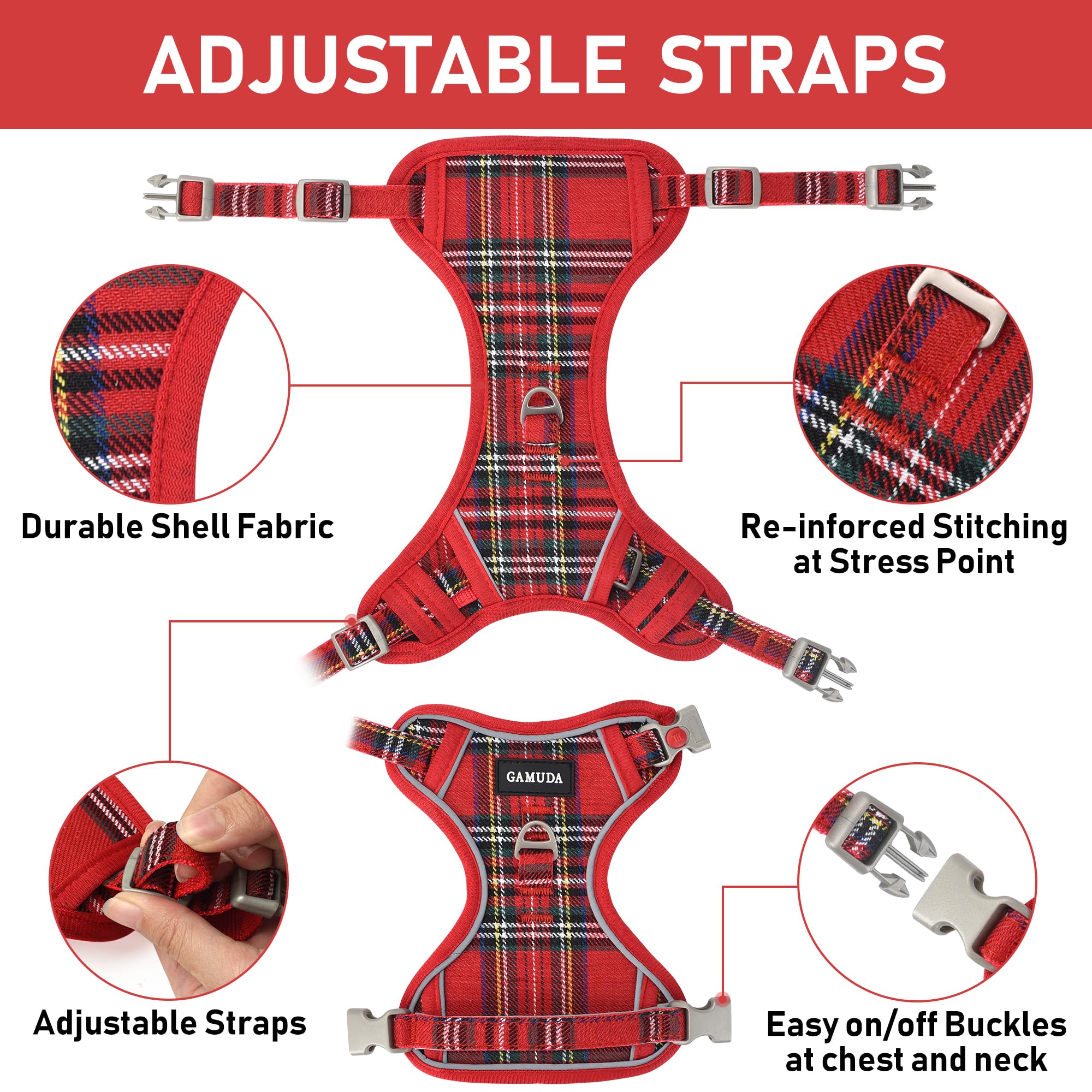 GAMUDA Dog Harness Set - Adjustable No Choke Vest for Medium Dogs, Cats, & Small Animals, Reflective Plaid, Red, Size L