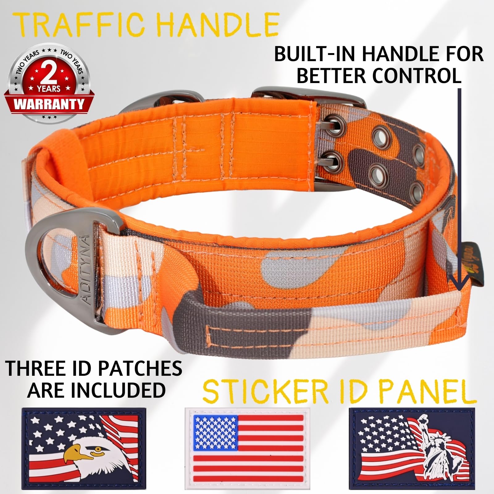 Adityna Heavy Duty Dog Collar For Extra-Large Dogs - Camo Orange Collar With Handle For Training, And Walking - Wide, Thick, Tac